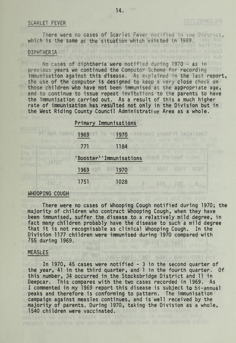 HOME NURSING The Home Nursing Service in the Stocksbridge Urban District is carried out by three District Nursing Sisters, as follows:- Name Address Telephone No. MrSo A.M. Armitage 88, Fox Glen Road, Deepcar. Stocksbridge 2294 Mrs. M. Fort 78, Grove Avenue, Middlewood, Sheffield.6. Sheffield 349137 Mrs. E.M. Fox 7 Willow Road, Stocksbridge. Stocksbridge 3505 During the year a total of 6,140 visits were made by these nurses to 204 new cases. This is a service which is as near as possible to that available to patients in hospital. The well-trained qualified District Nurse is experienced in the nursing of patients in their own homes. They are fully equipped, and have at their disposal the latest aids and equipment for modern nursing. What she does not have in some cases is the hospital's aseptic environment, and here she has been trained to improvise. All the nurses are mobile and work in close collaboration with the patient's general practitioner, from whom she takes instructions and to whom she is responsible clinically. The majority of general practitioners appreciate the attachment of Home Nurses to their individual practices, and have found this a welcome asset. MIDWIFERY SERVICE Within the Stocksbridge district there was a little difficulty in maintaining a service during 1970, because of staff changes. Miss R. Crossley retired on 22nd January, after having worked with the department for 23 years, prior to which she was with the Queen's District Nursing Service. Mrs. J.F. George, who replaced her, resigned at the end of October, 1970, on returning to work in hospital. In order to achieve a measure of continuity it was necessary to transfer Mrs. E.M. Swinney, the Midwife working in the Ecclesfield/Grenoside area, to practice wholly in Stocksbridge and Deepcar, with assistance for holidays, weekends and exceptionally busy periods from the Penistone Midwives. To cover their duties the staff from Hoyland relieved the Penistone area.