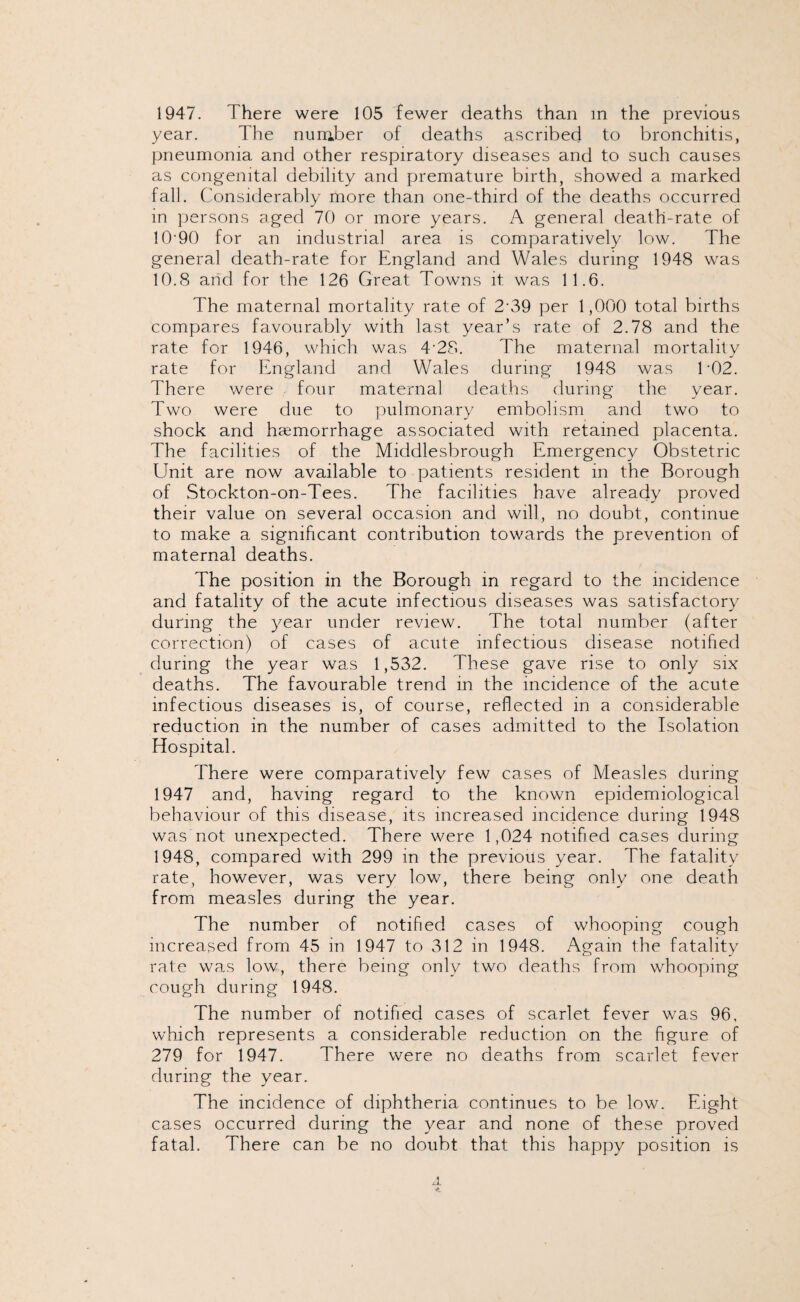 1947. There were 105 fewer deaths than m the previous year. The number of deaths ascribed to bronchitis, pneumonia and other respiratory diseases and to such causes as congenital debility and premature birth, showed a marked fall. Considerably more than one-third of the deaths occurred in persons aged 70 or more years. A general death-rate of 10-90 for an industrial area is comparatively low. The general death-rate for England and Wales during 1948 was 10.8 and for the 126 Great Towns it was 11.6. The maternal mortality rate of 2’39 per 1,000 total births compares favourably with last year’s rate of 2.78 and the rate for 1946, which was 4-28. The maternal mortality y j rate for England and Wales during 1948 was E02. There were four maternal deaths during the year. Two were due to pulmonary embolism and two to shock and haemorrhage associated with retained placenta. The facilities of the Middlesbrough Emergency Obstetric Unit are now available to patients resident in the Borough of Stockton-on-Tees. The facilities have already proved their value on several occasion and will, no doubt, continue to make a significant contribution towards the prevention of maternal deaths. The position in the Borough in regard to the incidence and fatality of the acute infectious diseases was satisfactory during the year under review. The total number (after correction) of cases of acute infectious disease notified during the year was 1,532. These gave rise to only six deaths. The favourable trend in the incidence of the acute infectious diseases is, of course, reflected in a considerable reduction in the number of cases admitted to the Isolation Hospital. There were comparatively few cases of Measles during 1947 and, having regard to the known epidemiological behaviour of this disease, its increased incidence during 1948 was not unexpected. There were 1,024 notified cases during 1948, compared with 299 in the previous year. The fatality rate, however, was very low, there being only one death from measles during the year. The number of notified cases of whooping cough increased from 45 in 1947 to 312 in 1948. Again the fatality rate was low, there being only two deaths from whooping cough during 1948. The number of notified cases of scarlet fever was 96, which represents a considerable reduction on the figure of 279 for 1947. There were no deaths from scarlet fever during the year. The incidence of diphtheria continues to be low. Eight cases occurred during the year and none of these proved fatal. There can be no doubt that this happy position is a Ut