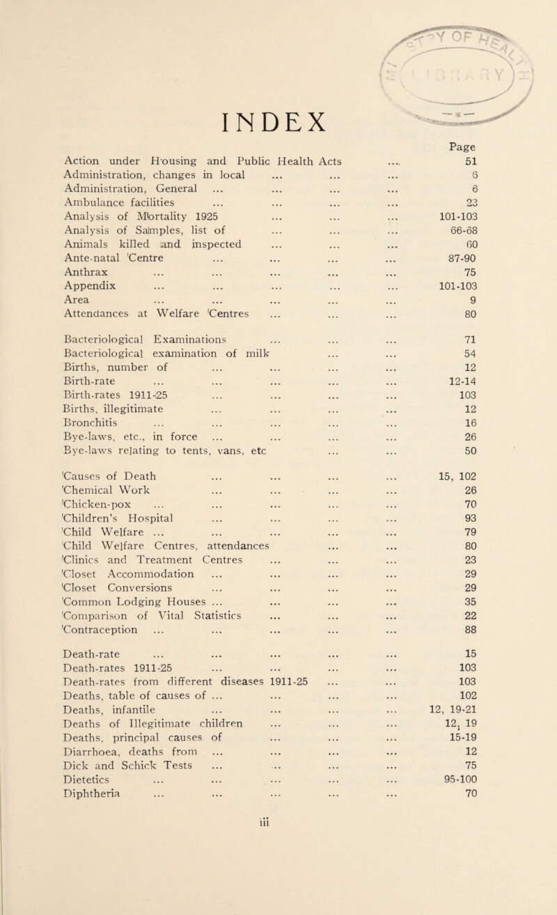 INDEX Action under H’ousing and Public Health Acts Administration, changes in local Administration, General Ambulance facilities Analysis of Mortality 1925 Analysis of Salmples, list of Animals killed ;and inspected Ante-natal 'Centre Anthrax Appendix Area Attendances at Welfare 'Centres Bacteriological Examinations Bacteriological examination of milk Births, number of Birth-rate Birth-rates 1911-125 Births, illegitimate Bronchitis Bye-laws, etc., in force Bye-laws relating to tents, vans, etc 'Causes of Death 'Chemical Work Chicken-pox 'Children’s Hospital 'Child Welfare ... Child Welfare Centres, attendances Clinics and Treatment Centres Closet Accommodation Closet Conversions Common Lodging Houses ... Comparison of Vital Statistics Contraception Death-rate Death-rates 1911-25 Death-rates from different diseases 1911-25 Deaths, table of causes of ... Deaths, infantile Deaths of Illegitimate children Deaths, principal causes of Diarrhoea, deaths from Dick and Schick Tests Dietetics Diphtheria Page 51 S r\ D 23 101-103 66-68 60 87-90 75 101-103 9 80 71 54 12 12-14 103 12 16 26 50 15, 102 26 70 93 79 80 23 29 29 35 22 88 15 103 103 102 12, 19-21 12, 19 15-19 12 75 95-100 70