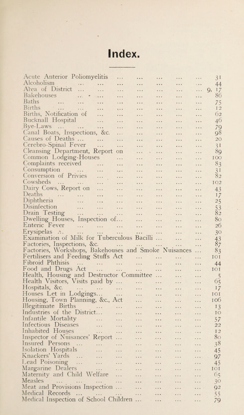 index Acute Anterior Poliomyelitis ... ... ... ... ... 31 Alcoholism ... ... ... ... ... ... ... 44 Area of District ... ... ... ... ... ... ... 9, 17 Bakehouses ... - ... ... ... ... ... ... 86 Baths ... ... ... ... ... ... ... ... 75 Births ... ... ... ... ... ... ... ... 12 Births, Notification of ... ... ... ... ... ... 62 Bucknall Hospital ... ... ... ... ... ... 46 Bye-Laws ... ... ... ... ... ... ... ... 79 Canal Boats, Inspections, &c. ... ... ... ... ... 98 Causes of Deaths ... ... ... ... ... ... ... 20 Cerebro-Spinal Fever ... ... ... ... ... ... 31 Cleansing Department, Report on . ... ... 89 Common Lodging-Houses ... ... ... ... ... 100 Complaints received ... ... ... ... ... ... 83 Consumption ... ... .... ... ... ... ... 31 Conversion of Privies ... ... ... ... ... ... 82 Cowsheds ... ... ... ... ... ... ... ... 102 Dairy Cows, Report on ... ... ... ... ... ... 43 Deaths ... ... ... ... ... ... ... ... 17 Diphtheria ... ... ... ... ... ... ... 25 Disinfection ... ... ... ... ... ... ... 53 Dram Testing ... ... ... ... ... ... ... 82 Dwelling Houses, Inspection of... ... ... ... ... 80 Enteric Fever ... ... ... ... ... ... ... 26 Erysipelas . ... ... ... ... ... ... ... 30 Examination of Milk for Tuberculous Bacilli ... ... ... 43 Factories, Inspections, &c. ... ... ... ... ... 87 Factories, Workshops, Bakehouses and Smoke Nuisances ... 83 Fertilisers and Feeding Stuffs Act ... ... ... ... 101 Fibroid Phthisis ... ... ... ... ... ... ... 44 Food and Drugs Act ... ... ... ... ... ... 101 Health, Housing and Destructor Committee ... ... ... 3 Health Visitors, Visits paid by ... ... ... ... ... 65 Hospitals, &c. ... ... ... ... ... ... ... 17 Houses Let in Lodgings... ... ... ... ... ... 101 Housing, Town Planning, &c., Act ... ... ... ... 106 Illegitimate Births ... ... ... ... ... ... 13 Industries of the District... ... ... ... ... ... 10 Infantile Mortality ... ... ... ... ... ... 57 Infectious Diseases ... ... ... ... ... ... 22 Inhabited Houses ... ... ... ... ... ... 12 Inspector of Nuisances’ Report ... ... ... ... ... 80 Insured Persons ... ... ... ... ... ... ... 38 Isolation Flospitals ... ... ... ... ... ... 45 Knackers’ Yards ... ... ... ... ... ... ... 97 Lead Poisoning ... ... ... ... ... ... ... 45 Margarine Dealers ... ... ... ... ... ... 1 o 1 Maternity and Child Welfare ... ... ... ... ... 65 Measles ... ... ... ... ... ... ... ... 30 Meat and Provisions Inspection ... ... ... ... ... 92 Medical Records ... ... ... ... ... ... ... 55 Medical Inspection of School Children ... ... ... ... 79