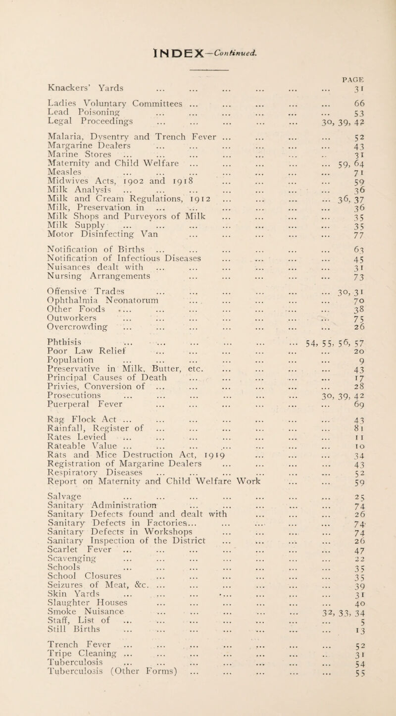 PAGE Knackers’ Yards ... ... ... ... ... ... 31 Ladies Voluntary Committees ... ... ... ... ... 66 Lead Poisoning ... ... ... ... ... ... 53 Legal Proceedings ... ... ... ... ... 30, 39, 42 Malaria, Dysentry and Trench Fever ... ... ... ... 52 Margarine Dealers ... ... ... ... ... ... 43 Marine Stores ... ... ... ... ... ... .. 31 Maternity and Child Welfare ... ... ... ... ... 59, 64 Measles ... ... ... ... ... ... ... 71 Midwives Acts, 1902 and 1918 ... ... ... ... 59 Milk Analysis ... ... ... ... ... ... ... 36 Milk and Cream Regulations, 1912 ... ... ... ... 36, 37 Milk, Preservation in ... ... ... ... ... ... 36 Milk Shops and Purveyors of Milk ... ... ... ... 35 Milk Supply ... ... ... ... ... ... ... 35 Motor Disinfecting Van ... ... ... ... ... 77 Notification of Births ... ... ... ... ... ... 63 Notification of Infectious Diseases ... ... ... ... 45 Nuisances dealt with ... ... ... ... ... ... 31 Nursing Arrangements ... ... ... ... ... 73 Offensive Trades ... ... ... ... ... ... 30,31 Ophthalmia Neonatorum ... ... ... ... ... 70 Other Foods .... ... ... ... ... ... ... 38 Outworkers ... ... ... ... ... ... ... 75 Overcrowding ... ... ... ... ... ... ... 26 Phthisis . 54, 5 5, 56, 57 Poor Law Relief ... ... ... ... ... ... 20 Population ... ... ... ... ... ... ... 9 Preservative in Milk, Butter, etc. ... ... ... ... 43 Principal Causes of Death ... ... ... ... ... 17 Privies, Conversion of ... ... ... ... ... ... 28 Prosecutions ... ... ... ... ... ... 30, 39, 42 Puerperal Fever ... ... ... ... ... ... 69 Rag Flock Act ... ... ... ... ... ... ... 43 Rainfall, Register of ... ... ... ... ... ... 81 Rates Levied ... ... ... ... ... ... ... 11 Rateable Value ... ... ... .... ... ... ... 10 Rats and Mice Destruction Act, 1919 ... ... ... 34 Registration of Margarine Dealers ... ... ... ... 43 Respiratory Diseases ... ... ... ... ... ... 52 Report on Maternity and Child Welfare Work ... ... 59 Salvage ... ... ... ... ... ... ... 25 Sanitary Administration ... ... ... ... ... 74 Sanitary Defects found and dealt with ... ... ... 26 Sanitary Defects in Factories... ... .... ... ... 74- Sanitary Defects in Workshops ... ... ... ... 74 Sanitary Inspection of the District ... ... ... ... 26 Scarlet Fever ... ... ... ... ... ... ... 47 Scavenging ... ... ... ... ... ... ... 22 Schools ... ... ... ... ... ... ... 35 School Closures ... ... ... ... ... ... 35 Seizures of Meat, &c. ... ... ... ... ... ... 39 Skin Yards ... ... ... «... ... ... ... 31 Slaughter Houses ... ... ... ... ... ... 40 Smoke Nuisance ... ... ... ... ... 32, 33, 34 Staff, List of ... ... ... ... ... ... ... 5 Still Births ... ... ... ... ... ... ... 13 Trench Fever ... ... ... ... ... ... ... 52 Tripe Cleaning ... ... ... ... ... ... .. 31 Tuberculosis ... ... ... ... ... ... ... 54 Tuberculosis (Other Forms) ... ... ... ... ... 55