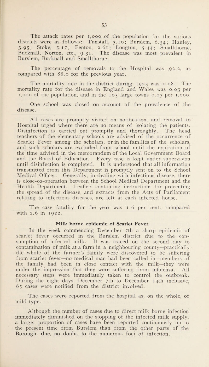 The attack rates per 1,000 of the population for the various districts were as follows:'—Tunstall, 3.10; Burslem, 6.54; Hanley, 3.95; Stoke, 5.17; Fenton. 2.61; Longton, 5.44; Smallthorne, Bucknall, Norton, etc., 9.31. The disease was most prevalent in Burslem, Bucknall and Smallthorne. The percentage of removals to the Hospital was ^2.2, as compared with 88.0 for the previous year. The mortality rate in the district during 1923 was 0.08. The mortality rate for the disease in England and Wales was 0.03 per 1,000 of the population, and in the 105 large towns 0.03 per 1,000. One school was closed on account of the prevalence of the disease. All cases are promptly visited on notification, and removal to Hospital urged where there are no means of isolating the patients. Disinfection is carried out promptly and thoroughly. The head teachers of the elementary schools are advised of the occurrence of Scarlet Fever among the scholars, or in the families of the scholars, and such scholars are excluded from school until the expiration of the time advised in the memorandum of the Local Government Board and the Board of Education. Every case is kept under supervision until disinfection is completed. It is understood that all information transmitted from this Department is promptly sent on to the School ’Medical Officer. Generally, in dealing with infectious disease, there is close-co-operation between the School Medical Department and the Health Department. Leaflets containing instructions for preventing the spread of the disease, and extracts from the Acts of Parliament relating to infectious diseases, are left at each infected house. The case fatality for the year was 1.6 per cent., compared with 2.6 in 1922. Milk borne epidemic of Scarlet Fever. In the week commencing December 7th a sharp epidemic of scarlet fever occurred in the Burslem district due to the con¬ sumption of infected milk. It was traced on the second day to contamination of milk at a farm in a neighbouring county—practically the whole of the farmer’s family were discovered to be suffering from scarlet fever—no medical man had been called in—members of the family had been in close contact with the milk—they were under the impression that they were suffering from influenza. All necessary steps were immediately taken to control the outbreak. During the eight days, December 7th to December 14th inclusive. 65 cases were notified from the district involved. The cases were reported from the hospital as, on the whole, of mild type. Although the number of cases due to direct milk borne infection immediately diminished on the stopping of the infected milk supply, a larger proportion of cases have been reported continuously up to the present time from Burslem than from the other parts of the Borough—due, no doubt, to the numerous foci of infection.