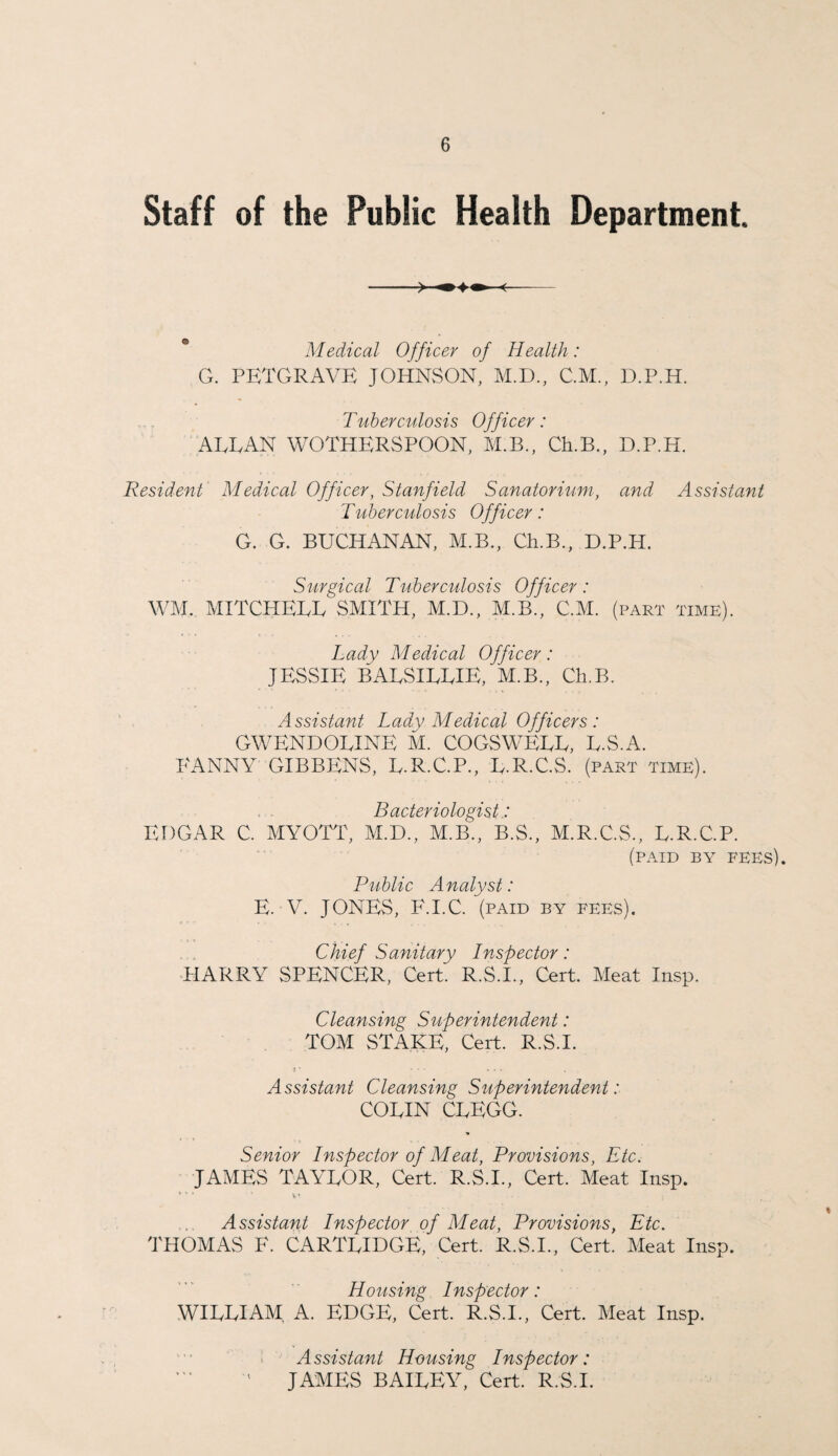 Staff of the Public Health Department. Medical Officer of Health: G. PETGRAVE JOHNSON, M.D., C.M., D.P.H. Tuberculosis Officer: ALLAN WOTHERSPOON, M1B., Ch.B., D.P.H. Resident Medical Officer, Stanfield Sanatorium, and Assistant Tuberculosis Officer: G. G. BUCHANAN, M.B., Ch.B., D.P.H. Surgical Tuberculosis Officer: WM. MITCHELL SMITH, M.D., M.B., C.M. (part time). Lady Medical Officer: JESSIE BALSILLIE, M.B., Ch.B. Assistant Lady Medical Officers: GWENDOLINE M. COGSWELL, L.S.A. FANNY GIBBENS, L.R.C.P., L.R.C.S. (part time). Bacteriologist: EDGAR C. MYOTT, M.D., M.B., B.S., M.R.C.S., L.R.C.P. (paid by fees). Public Analyst: E. V. JONES, F.I.C. (paid by fees). Chief Sanitary Inspector: HARRY SPENCER, Cert. R.S.I., Cert. Meat Insp. Cleansing Superintendent: TOM STAKE, Cert. R.S.I. i' * • * * • « . . Assistant Cleansing Superintendent: COLIN CLEGG. * * » » . , . Senior Inspector of Meat, Provisions, Etc. JAMES TAYLOR, Cert. R.S.I., Cert. Meat Insp. ’ > ’ ' V' ; Assistant Inspector of Meat, Provisions, Etc. THOMAS F. CARTLIDGE, Cert. R.S.I., Cert. Meat Insp. Housing Inspector: WILLIAM. A. EDGE, Cert. R.S.I., Cert. Meat Insp. Assistant Housing Inspector: ' JAMES BAILEY, Cert. R.S.I.