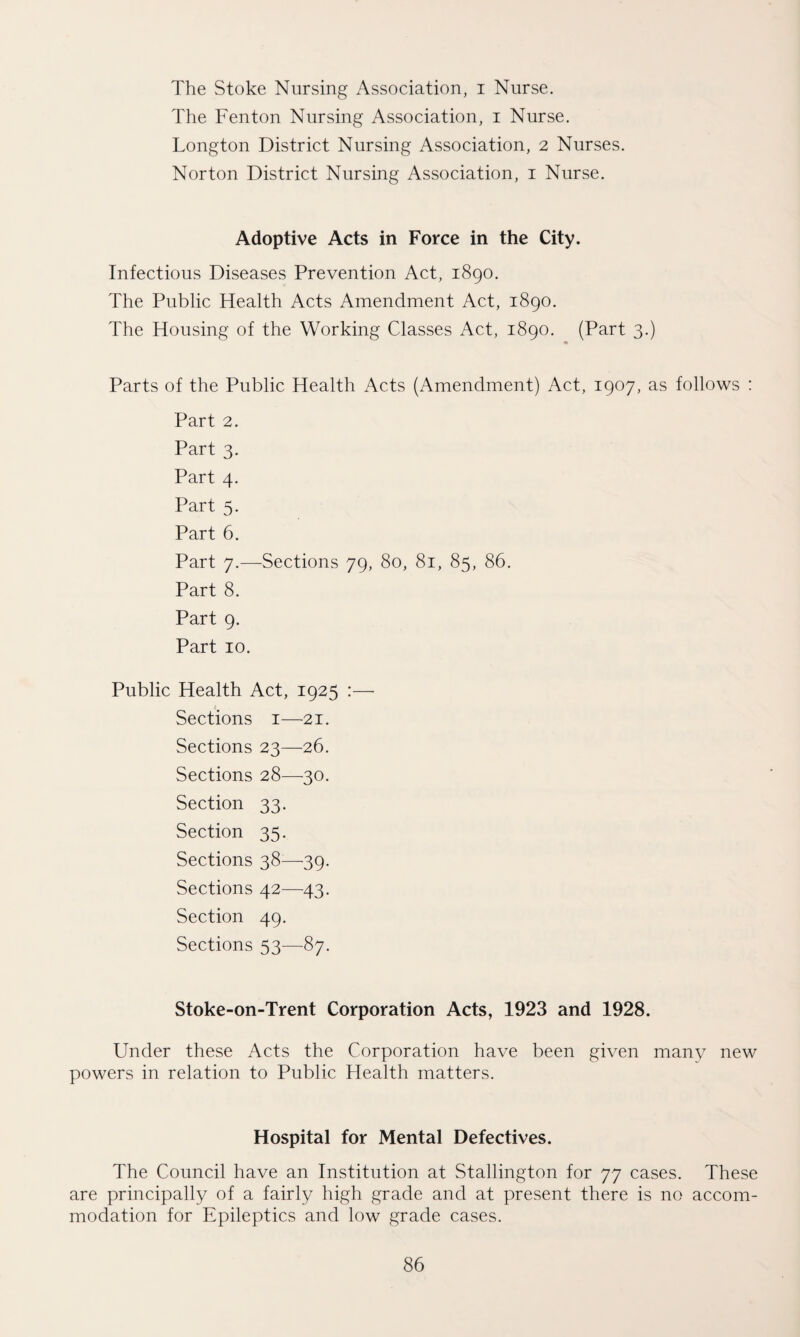 The Stoke Nursing Association, i Nurse. The Fenton Nursing Association, i Nurse. Longton District Nursing Association, 2 Nurses. Norton District Nursing Association, i Nurse. Adoptive Acts in Force in the City. Infectious Diseases Prevention Act, 1890. The Public Health Acts Amendment Act, 1890. The Housing of the Working Classes Act, 1890. (Part 3.) Parts of the Public Health Acts (Amendment) Act, 1907, as follows : Part 2. Part 3. Part 4. Part 5. Part 6. Part 7.—Sections 79, 80, 81, 85, 86. Part 8. Part 9. Part 10. Public Health Act, 1925 :—- Sections 1—21. Sections 23—26. Sections 28—30. Section 33. Section 35. Sections 38:—39. Sections 42—43. Section 49. Sections 53—87. Stoke-on-Trent Corporation Acts, 1923 and 1928. Under these Acts the Corporation have been given many new powers in relation to Public Health matters. Hospital for Mental Defectives. The Council have an Institution at Stallington for 77 cases. These are principally of a fairly high grade and at present there is no accom¬ modation for Epileptics and low grade cases.