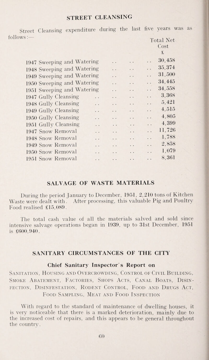 STREET CLEANSING Street Cleansing expenditure during the last five years was follows Total Net Cost £ as 1947 Sweeping and Watering 1948 Sweeping and Watering 1949 Sweeping and Watering 1950 Sweeping and Watering 1951 Sweeping and Watering 1947 Gully Cleansing L948 Gully Cleansing 1949 Gully Cleansing 1950 Gully Cleansing 1951 Gully Cleansing 1947 Snow Removal 1948 Snow Removal 1949 Snow Removal 1950 Snow Removal 1951 Snow Removal 30,458 35,374 31,500 34,445 34,558 3,368 5,421 4, o 1 o 4,805 4,399 11,726 1,788 2,858 1,079 8,361 SALVAGE OF WASTE MATERIALS During the period January to December, 1951, 2,210 tons of Kitchen Waste were dealt with. After processing, this valuable Pig and Poultry Food realised £15,089. The total cash value of all the materials salved and sold since intensive salvage operations began in 1939, up to 31st December, 1951 is £600,940. SANITARY CIRCUMSTANCES OF THE CITY Chief Sanitary Inspector’s Report on Sanitation, Housing and Overcrowding, Control of Civil Building, Smoke Abatement, Factories, Shops Acts, Canal Boats, Disin¬ fection, Disinfestation, Rodent Control, Food and Drugs Act, Food Sampling, Meat and Food Inspection With regard to the standard of maintenance of dwelling houses, it is very noticeable that there is a marked deterioration, mainly due to the increased cost of repairs, and this appears to be general throughout the country.