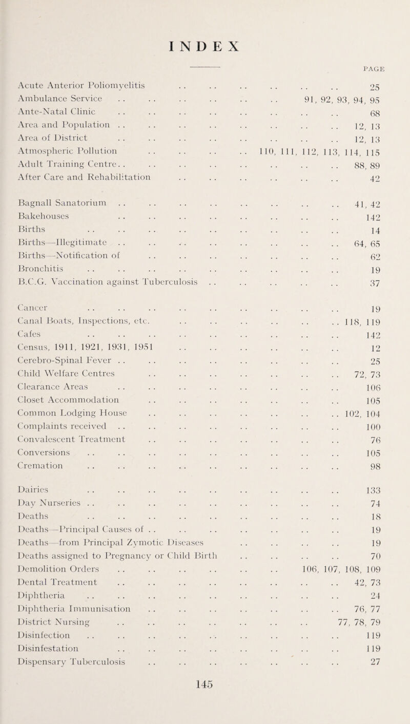 INDEX Acute Anterior Poliomyelitis Ambulance Service Ante-Natal Clinic Area and Population Area of District Atmospheric Pollution Adult Training Centre. . After Care and Rehabilitation Bagnall Sanatorium Bakehouses Births Births—Illegitimate Births—Notification of Bronchitis B.C.G. Vaccination against Tuberculosis Cancer Canal Boats, Inspections, etc. Cafes Census, 1911, 1921, 1931, 1951 Cerebro-Spinal Fever Child Welfare Centres Clearance Areas Closet Accommodation Common Lodging House Complaints received Convalescent Treatment Conversions Cremation Dairies Dav Nurseries . . J Deaths Deaths—Principal Causes of . . Deaths—from Principal Zymotic Diseases Deaths assigned to Pregnancy or Child Birth Demolition Orders Dental Treatment Diphtheria Diphtheria Immunisation District Nursing Disinfection Disinfestation Dispensary Tuberculosis PAGE 110 11 25 91, 92, 93, 94, 95 68 12, 13 12, 13 112, 113, 114, 115 88, 89 42 41, 42 142 14 64, 65 62 19 37 19 118, 119 142 12 25 72, 73 106 105 102, 104 100 76 105 98 106, 107 133 74 18 19 19 70 , 108, 109 42, 73 24 76, 77 77, 78, 79 119 119 27