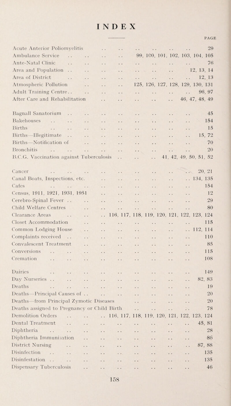 INDEX PAGE Acute Anterior Poliomyelitis Ambulance Service Ante-Natal Clinic Area and Population . . Area of District Atmospheric Pollution Adult Training Centre. . After Care and Rehabilitation . 29 99, 100, 101, 102, 103, 104, 105 . 76 125, 126 127, 12, 13, 14 12, 13 128, 129, 130, 131 96, 97 46, 47, 48, 49 Bagnall Sanatorium . . . . . . . . . . . . . . . . 45 Bakehouses . . . . . . . . . . . . . . . . . . 154 Births 15 Births—Illegitimate . . . . . . . . . . . . . . . . 15, 72 Births—Notification of . . . . . . . . . . . . . . 70 Bronchitis . . . . . . . . . . . . . . . . . . 20 B.C.G. Vaccination against Tuberculosis . . . . . . 41, 42, 49, 50, 51, 52 Cancer . . . . . . . . . . . . . . . . . . 20, 21 Canal Boats, Inspections, etc. . . . . . . . . . . . . 134, 135 Cafes 154 Census, 1911, 1921, 1931, 1951 12 Cerebro-Spinal Fever . . . . . . . . . . . . . . . . 29 Child Welfare Centres . . . . . . . . . . . . . . 80 Clearance Areas . 116, 117, 118, 119, 120, 121, 122, 123, 124 Closet Accommodation .. .. .. .. .. .. .. 115 Common Lodging House .. .. .. .. .. .. ..112,114 Complaints received . . . . . . . . . . . . . . . . 110 Convalescent Treatment . . . . . . . . . . . . . . 85 Conversions 15 Cremation . . . . . . . . . . . . . . . . . . 108 Dairies . . . . . . . . . . . . . . . . . . 149 Day Nurseries . . . . . . . . . . . . . . . . . . 82, 83 Deaths . . . . . . . . . . . . . . . . . . 19 Deaths—Principal Causes of . . . . . . . . . . . . . . 20 Deaths—from Principal Zymotic Diseases . . . . . . . . 20 Deaths assigned to Pregnancy or Child Birth . . . . . . . . 78 Demolition Orders . 116, 117, 118, 119, 120, 121, 122, 123, 124 Dental Treatment . . . . . . . . . . . . . . . . 45, 81 Diphtheria . . . . . . . . . . . . . . . . . . 28 Diphtheria Immunisation . . . . . . . . . . . . . . 86 District Nursing . . . . . . . . . . . . . . . . 87, 88 Disinfection . . . . . . . . . . . . . . . . . . 135 Disinfestation . . . . . . . . . . . . . . . . . . 135 Dispensary Tuberculosis . . . . . . . . . . . . . . 46