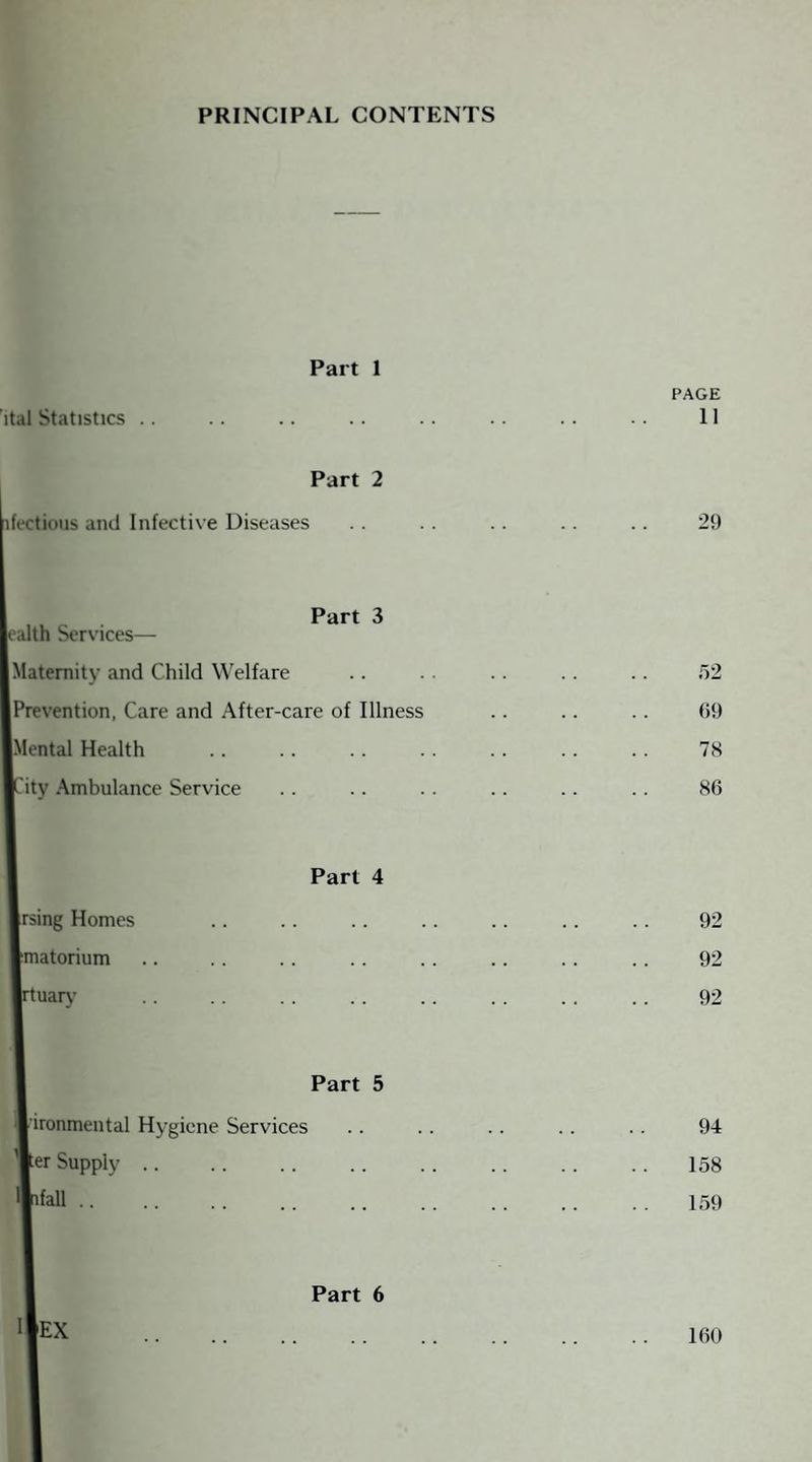 PRINCIPAL CONTENTS Part 1 PAGE 'ital Statistics .. .. .. .. .. .. .. .. II I Part 2 ious and Infective Diseases .. .. .. .. .. 29 Part 3 ti Services— ernity and Child Welfare .. .. .. .. .. 52 vention, Care and After-care of Illness .. .. .. 69 ital Health .. .. .. .. .. . . 78 1 Ambulance Service .. .. . . .. .. . . 86 Part 4 ng Homes .. .. .. .. .. .. .. 92 itorium .. .. . . .. .. .. .. .. 92 iarv .. .. .. .. .. . . . . .. 92 Part 5 onmental Hygiene Services .. .. .. .. .. 94 r Supply.158 fall. .. .. .. . . .. . . 159 Part 6 'EX 160