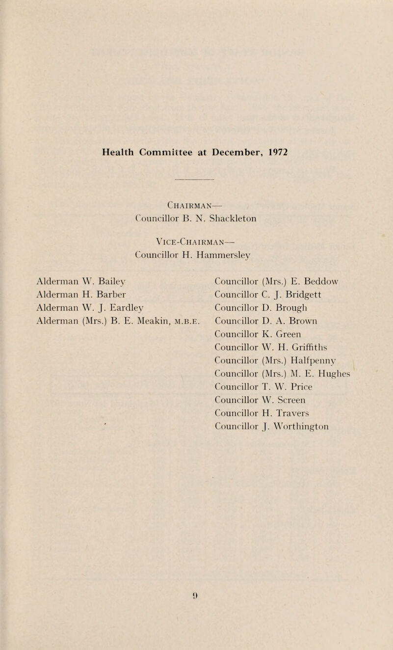 Health Committee at December, 1972 Chairman— Councillor B. N. Shackleton Vice-Chairman— Councillor H. Hammersley Alderman W. Bailey Alderman H. Barber Alderman W. J. Eardlev Alderman (Mrs.) B. E. Meakin, m.b.e. Councillor (Mrs.) E. Beddow Councillor C. J. Bridgett Councillor D. Brough Councillor D. A. Brown Councillor K. Green Councillor W. H. Griffiths Councillor (Mrs.) Halfpenny Councillor (Mrs.) M. E. Hughes Councillor T. W. Price Councillor W. Screen Councillor H. Travers Councillor J. Worthington