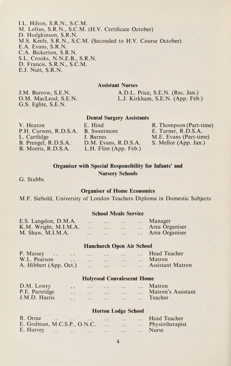 I.L. Hilton, S.R.N., S.C.M. M. Loftus, S.R.N., S.C.M. (H.V. Certificate October) D. Hodgkinson, S.R.N. M.S. Keefe, S.R.N., S.C.M. (Seconded to H.V. Course October) E. A. Evans, S.R.N. C. A. Bickerton, S.R.N. S.L. Crooks, N.N.E.B., S.R.N. D. Francis, S.R.N., S.C.M. E. J. Nutt, S.R.N. Assistant Nurses A.D.L. Price, S.E.N. (Res. Jan.) L.J. Kirkham, S.E.N. (App. Feb.) J.M. Burrow, S.E.N. O.M. MacLeod, S.E.N. G.S. Eglite, S.E.N. V. Heaton P.H. Curwen, R.D.S.A. L. Cartlidge B. Prengel, R.D.S.A. B. Morris, R.D.S.A. Dental Surgery Assistants E. Hind B. Sweetmore J. Barnes D.M. Evans, R.D.S.A. L.H. Flint (App. Feb.) R. Thompson (Part-time) E. Turner, R.D.S.A. M.E. Evans (Part-time) S. Mellor (App. Jan.) G. Stubbs Organiser with Special Responsibility for Infants’ and Nursery Schools Organiser of Home Economics M.F. Siebold, University of London Teachers Diploma in Domestic Subjects School Meals Service E.S. Langdon, D.M.A. Manager K.M. Wright, M.l.M.A. Area Organiser M. Shaw, M.l.M.A. . Area Organiser Hanchurch Open Air School P. Massey Head Teacher W.L. Pearson Matron A. Hibbert (App. Oct.) Assistant Matron Holyrood Convalescent Home D.M. Lowry Matron P.E. Partridge Matron's Assistant J.M.D. Harris Teacher Horton Lodge School R. Orme Head Teacher E. Godman, M.C.S.P., O.N.C. Physiotherapist E. Harvey Nurse