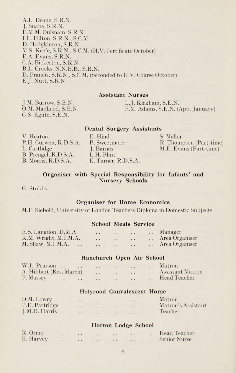 A. L. Deane, S.k.N. J. Snape, S.R.N. E.M.M. Oulsnam, S.R.N. I.L. Hilton, S.R.N.,S.C.M. D. Hodgkinson, S.R.N. M.S. Keefe, S.R.N., S.C.M. (H.V. Certificate October) E. A. Evans, S.R.N. C. A. Bickerton, S.R.N. B. L. Crooks, N.N.E.B., S.R.N. D. Francis, S.R.N., S.C.M. (Seconded to H.V. Course October) E. J. Nutt, S.R.N. J.M. Burrow, S.E.N. O.M. MacLeod, S.E.N. G.S. Eglite, S.E.N. V. Heaton P.H.Curwen, R.D.S.A. L. Cartlidge B. Prengel, R.D.S.A. B. Morris, R.D.S.A. Assistant Nurses L.J. Kirkham, S.E.N. E.M. Adams, S.E.N. (App. January) Dental Surgery Assistants E. Hind B. Sweetmore E Barnes L.H. Flint E. Turner, R.D.S.A. S. Mellor R. Thompson (Part-time) M.E. Evans (Part-time) Organiser with Special Responsibility for Infants’ and Nursery Schools G. Stubbs Organiser for Home Economics M.E. Siebold, University of London Teachers Diploma in Domestic Subjects E.S. Langdon, D.M.A. K.M. Wright, M.I.M.A. M. Shaw, M.I.M.A. School Meals Service Manager Area Organiser Area Organiser Hanchurch Open Air School W.L. Pearson . . .. . . . . . . . . Matron A. Hibbert (Res. March) .. . . .. . . Assistant Matron P. Massey . . . . . . . . . . . . Head Teacher Holyrood Convalescent Home D. M. Lowry . . . . . . . . . . . . Matron P.E. Partridge . . .. .. .. .. .. Matron’s Assistant J.M.D. Harris .. .. .. .. .. .. Teacher Horton Lodge School R. Orme E. Harvey 4 Head Teacher Senior Nurse