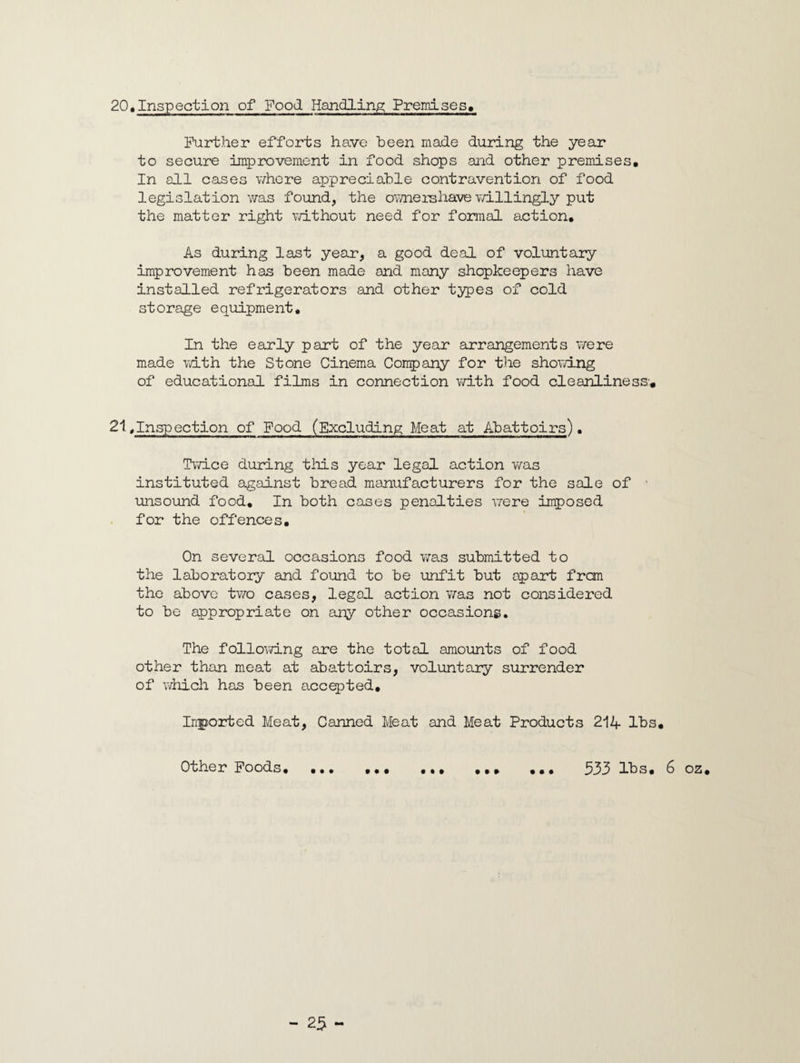 20• Inspection of Food Handling Premises, Further efforts have been made during the year to secure improvement in food shops and other premises. In all cases where appreciable contravention of food legislation was found, the ownershave willingly put the matter right without need for formal action. As during last yean, a good deal of voluntary improvement has been made and many shopkeepers have installed refrigerators and other types of cold storage equipment. In the early part of the year arrangements were made with the Stone Cinema Company for the showing of educational films in connection with food cleanliness-. 21 .Inspection of Food (Excluding Meat at Abattoirs). Twice during this year legal action was instituted against bread manufacturers for the sale of • unsound food. In both cases penalties were imposed for the offences. On several occasions food was submitted to the laboratory and found to be unfit but apart from the above two cases, legal action was not considered to be appropriate on any other occasions. The following are the total amounts of food other than meat at abattoirs, voluntary surrender of which has been accepted. Imported Meat, Canned Meat and Meat Products 214- lbs. Other Foods. ,., ,*, ,.» 533 lbs, 6 oz.