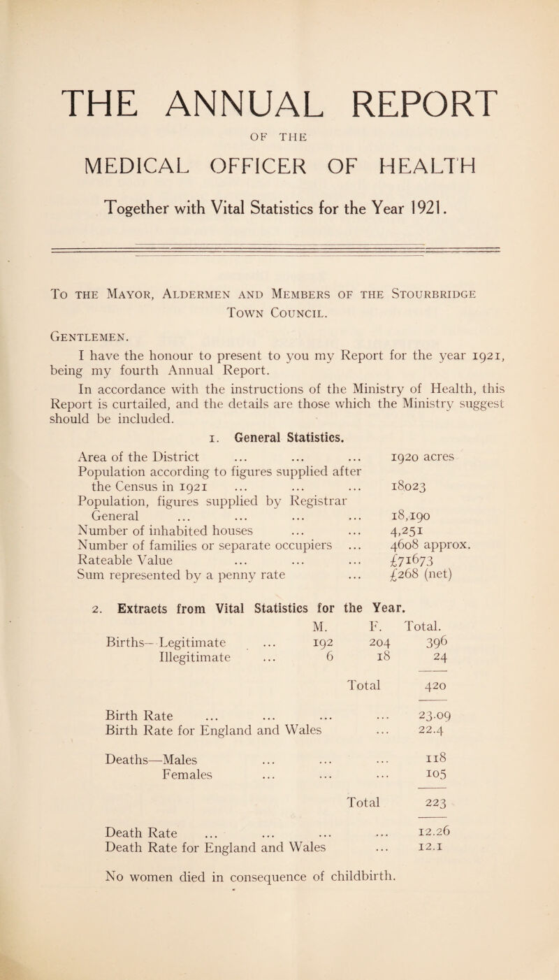 THE ANNUAL REPORT OF THE MEDICAL OFFICER OF HEALTH Together with Vital Statistics for the Year 1921. To the Mayor, Aldermen and Members of the Stourbridge Town Council. Gentlemen. I have the honour to present to you my Report for the year 1921, being my fourth Annual Report. In accordance with the instructions of the Ministry of Health, this Report is curtailed, and the details are those which the Ministry suggest should be included. 1. General Statistics. Area of the District Population according to figures supplied after the Census in 1921 Population, figures supplied by Registrar General Number of inhabited houses Number of families or separate occupiers Rateable Value Sum represented by a penny rate 1920 acres 18023 18,190 4>25i 4608 approx. /71673 £268 (net) 2. Extracts from Vital Statistics for the Year. M. F. Total. Births—Legitimate ... 192 204 39^ Illegitimate 6 18 Total Birth Rate Birth Rate for England and Wales Deaths—Males Females Death Rate ... Death Rate for England and Wales Total 24 420 23.09 22.4 118 105 223 12.26 12.1 No women died in consequence of childbirth.