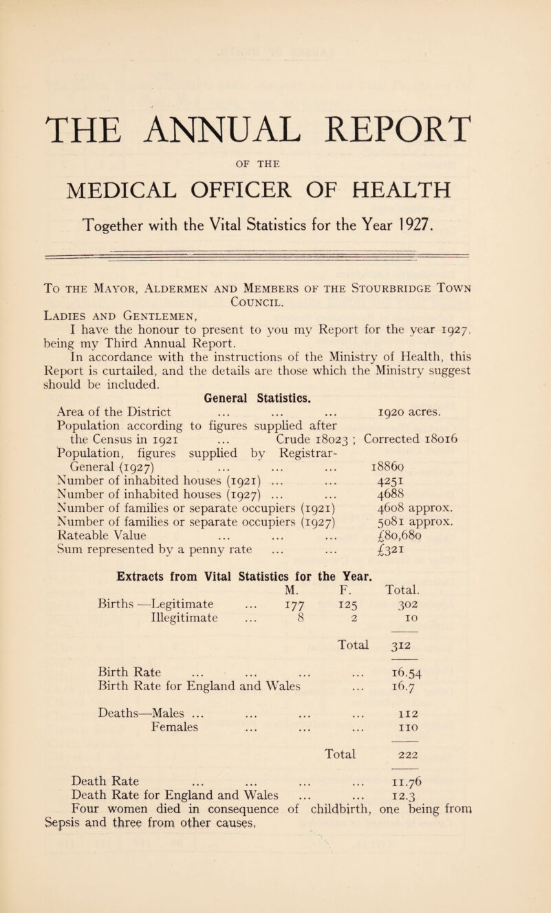 THE ANNUAL REPORT OF THE MEDICAL OFFICER OF HEALTH Together with the Vital Statistics for the Year 1927. To the Mayor, Aldermen and Members of the Stourbridge Town Council. Ladies and Gentlemen, I have the honour to present to you my Report for the year 1927, being my Third Annual Report. In accordance with the instructions of the Ministry of Health, this Report is curtailed, and the details are those which the Ministry suggest should be included. General Statistics. Area of the District Population according to figures supplied after the Census in 1921 ... Crude 18023 i Population, figures supplied by Registrar- General {1927) Number of inhabited houses (1921) ... Number of inhabited houses (1927) ... Number of families or separate occupiers (1921) Number of families or separate occupiers (1927) Rateable Value Sum represented by a penny rate 1920 acres. Corrected 18016 18860 4251 4688 4608 approx. 5081 approx. £80,680 £321 Extracts from Vital Statistics for the Year. M. F. Total. Births —Legitimate 177 125 302 Illegitimate 8 2 10 Total 312 Birth Rate 16.54 Birth Rate for England and Wales ... 16.7 Deaths—Males ... 112 Females • • . no Total 222 Death Rate • • • • 11.76 Death Rate for England and Wales , . • • • • 12.3 Four women died in consequence sis and three from other causes, of childbirth, one being from