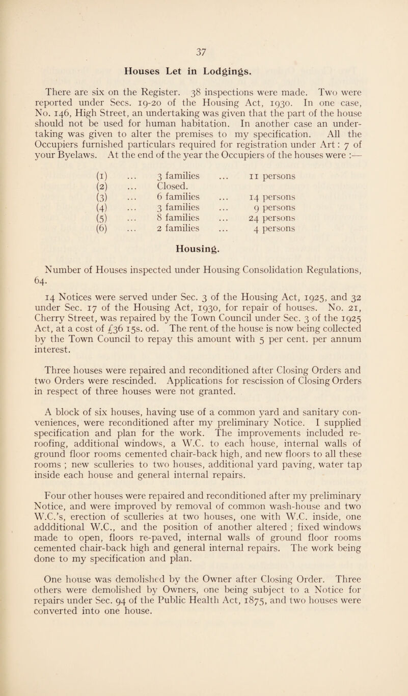 Houses Let in Lodgings. There are six on the Register. 38 inspections were made. Two were reported under Secs. 19-20 of the Housing Act, 1930. In one case, No. 146, High Street, an undertaking was given that the part of the house should not be used for human habitation. In another case an under¬ taking was given to alter the premises to my specification. All the Occupiers furnished particulars required for registration under Art: 7 of your Byelaws. At the end of the year the Occupiers of the houses were :— (1) (2) 3 families Closed. 11 persons (3) 6 families 14 persons (4) 3 families 9 persons (5) 8 families 24 persons (6) 2 families 4 persons Housing. Number of Houses inspected under Housing Consolidation Regulations, 64. 14 Notices were served under Sec. 3 of the Housing Act, 1925, and 32 under Sec. 17 of the Housing Act, 1930, for repair of houses. No. 21, Cherry Street, was repaired by the Town Council under Sec. 3 of the 1925 Act, at a cost of £36 15s. od. The rent of the house is now being collected by the Town Council to repay this amount with 5 per cent, per annum interest. Three houses were repaired and reconditioned after Closing Orders and two Orders were rescinded. Applications for rescission of Closing Orders in respect of three houses were not granted. A block of six houses, having use of a common yard and sanitary con¬ veniences, were reconditioned after my preliminary Notice. I supplied specification and plan for the work. The improvements included re¬ roofing, additional windows, a W.C. to each house, internal walls of ground floor rooms cemented chair-back high, and new floors to all these rooms ; new sculleries to two houses, additional yard paving, water tap inside each house and general internal repairs. Four other houses were repaired and reconditioned after my preliminary Notice, and were improved by removal of common wash-house and two W.C.’s, erection of sculleries at two houses, one with W.C. inside, one addditional W.C., and the position of another altered ; fixed windows made to open, floors re-paved, internal walls of ground floor rooms cemented chair-back high and general internal repairs. The work being done to my specification and plan. One house was demolished by the Owner after Closing Order. Three others were demolished by Owners, one being subject to a Notice for repairs under Sec. 94 of the Public Health Act, 1875, and two houses were converted into one house.