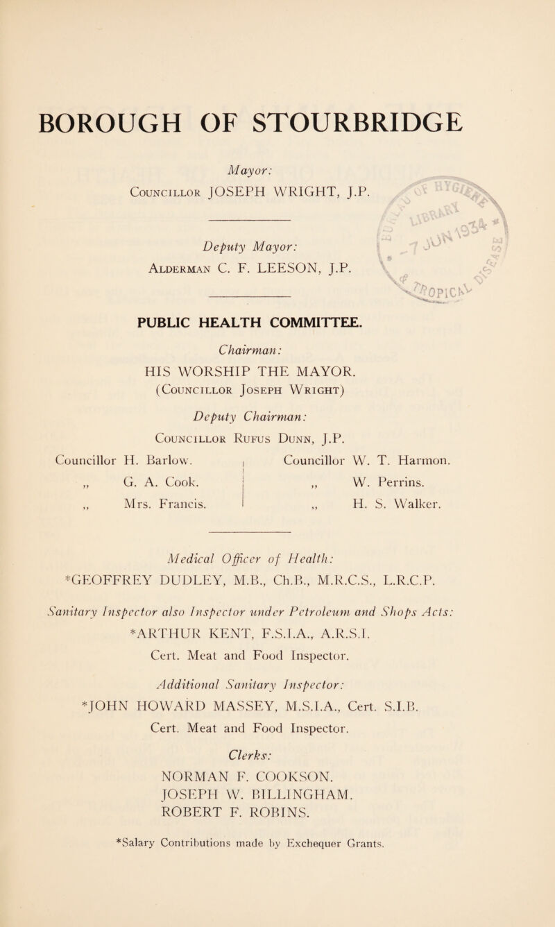 Mayor: Councillor JOSEPH WRIGHT, J.P. Deputy Mayor: Alderman C. F. LEESON, J.P. Tt> OPICK PUBLIC HEALTH COMMITTEE. Chairman: HIS WORSHIP THE MAYOR. (Councillor Joseph Wright) Deputy Chairman: Councillor Rufus Dunn, J.P. Councillor H. Barlow. ( Councillor W. T. Harmon. G. A. Cook. Mrs. Francis. W. Perrins. H. S. Walker. Medical Officer of Health: ^GEOFFREY DUDLEY, M.B., Ch.B., M.R.C.S., L.R.C.P. Sanitary Inspector also Inspector under Petroleum and Shops Acts: * ARTHUR KENT, F.S.I.A., A.R.S.I. Cert. Meat and Food Inspector. Additional Sanitary Inspector: *JOHN HOWARD MASSEY, M.S.I.A., Cert. S.I.B. Cert. Meat and Food Inspector. Clerks: NORMAN F. COOKSON. JOSEPH W. BTLLINGHAM. ROBERT F. ROBINS. *Salary Contributions made by Exchequer Grants.