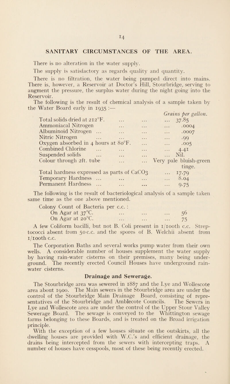 SANITARY CIRCUMSTANCES OF THE AREA, There is no alteration in the water supply. The supply is satisfactory as regards quality and quantity. There is no filtration, the water being pumped direct into mains. There is, however, a Reservoir at Doctor’s Hill, Stourbridge, serving to augment the pressure, the surplus water during the night going into the Reservoir. The following is the result of chemical analysis of a sample taken by the Water Board early in 1935 :— Grains per gallon. Total solids dried at 212°F. ■■■ 37-85 Ammoniacal Nitrogen .0004 Albuminoid Nitrogen ... .0007 Nitric Nitrogen .99 Oxygen absorbed in 4 hours at 8o°F. .005 Combined Chlorine ... 4.41 Suspended solids ... Nil. Colour through 2ft. tube Very pale bluish-green tinge. Total hardness expressed as parts of CaC03 ... 17.79 Temporary Hardness ... 8.04 Permanent Flardness ... ••• 975 The following is the result of bacteriological analysis of a sample taken same time as the one above mentioned. Colony Count of Bacteria per c.c. : On Agar at 37X. 56 On Agar at 2o°C. 75 A few Coliform bacilli, but not B. Coli present in i/iooth c.c. Strep- tococci absent from 50 c.c. and the spores of B. i/iooth c.c. Welchii absent from The Corporation Baths and several works pump water from their own wells. A considerable number of houses supplement the water supply by having rain-water cisterns on their premises, many being under¬ ground. The recently erected Council Houses have underground rain¬ water cisterns. Drainage and Sewerage. The Stourbridge area was sewered in 1887 and the Lye and Wollescote area about 1900. The Main sewers in the Stourbridge area are under the control of the Stourbridge Main Drainage Board, consisting of repre¬ sentatives of the Stourbridge and Amblecote Councils. The Sewers in Lye and Wollescote area are under the control of the Upper Stour Valley Sewerage Board. The sewage is conveyed to the Whittington sewage farms belonging to these Boards, and is treated on the Broad irrigation principle. With the exception of a few houses situate on the outskirts, all the dwelling houses are provided with W.C.’s and efficient drainage, the drains being intercepted from the sewers with intercepting traps. A number of houses have cesspools, most of these being recently erected.