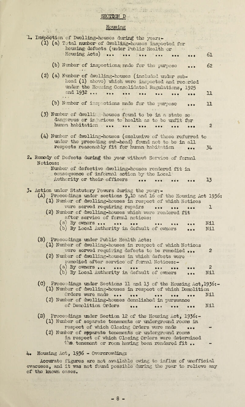 Housing 1# Inspection of Dwelling-houses during the yeari- (1) (a) Total number of dwelling-houses ins-pected for housing defects (under Public Health or •- Housing Acts) ... ... ... 61 (b) Number of inspections; irp.de for the purpose ., * 62 4 « (2) (a) Number-of dwelling-houses (included under sub¬ head (l) above) which were inspected and recorded under the Housing Consolidated Regulations, 1925 Olid 1932 e <t 9 ••• t I » « » . 11 9 % m , ■ * (b) Number of inspections made for the purpose ... 11 tr -« H (3) Number of dwellii. houses found to bo in a state so dangerous or injurious to health as to be unfit for human habitation . .., ... 2 (4) Number of dwelling-houses (exclusive of those referred to under the preceding sub-head) found not to be in all respects reasonably fit for human habitation ... 34 2. Remedy of Defects during the year without Service of formal Notices: Number of defective dwelling-houses rendered fit in oonsequenoe of informal action by the Local Authority or their- officers . •. .,, •*. ... 13 3* Action under Statutory Powers during the year:- (A) Proceedings under sections 9>10 and 16 of the Housing Act 1936: (1) Number of dwelling-houses in respect of which Notices were served requiring repairs ... ... 1 (2) Number of dwelling-houses which were rendered fit after service of formal notices: (a) By owners ,... ... ... ... Nil (b) By Local Authority in default of owners ... Nil (B) Prococdings under Public Health Acts: (1) Number of dwelling-houses in respect of Ydiich Notices were served requiring defects to be remedied .2 (2) Number of dwelling-houses in which defects were -- remedied after service of formal Notices (&) By owners «• • ••• ••• ••• ••• 2 (b) By Local Authority in default of owners ... Nil (0) Proceedings under Sections 11 and 13 of the Housing Act,1936:- (1) Number of dwelling-houses in respect of which Demolition Orders were made . . ... Nil (2) Number of dwelling-houses demolished in pursuance of Demolition Orders ... ... ... Nil (D) Proceedings under Section 12 of the Housing Act, 1936:- (1) Number of separate tenements or underground rooms in respect of which Closing Orders wore made ... - (2) Number of separate tenements or underground rooms in respect of which Closing Orders were determined tho. tenement or room having been rendered fit .. 4* Housing Act, 1936 - Overcrowding: Aocurate figures are not available owing to influx of unofficial evacuees, and it was not found possible during the year to relieve any of the known cases.