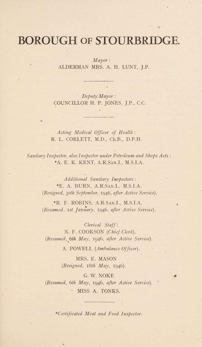 Mayor: ALDERMAN MRS. A. H. LUNT, J.P. Deputy Mayor : COUNCILLOR H. P. JONES, J.P., C.C. Acting Medical Officer of Health : R. L. CORLETT, M.D., Ch.B., D.P.H. Sanitary Inspector, also Inspector under Petroleum and Shops Acts : *A. E. K. KENT, A.R.San.I., M.S.I.A. Additional Sanitary Inspectors : *E. A. BURN, A.R.San.I., M.S.I.A. [Resigned, 30th September, 1946, after Active Service). ,*R. F. ROBINS, A.R.San.I., M.S.I.A. (Resumed, 1st January, 1946, after Active Service). Clerical Staff: N. F. COOKSON (Chief Clerk). (Resumed, 6th May, 1946, after Active Service). A. POWELL (Ambulance Officer). MRS. E. MASON (Resigned, 18th May, 1946). G. W. NOKE 0 (Resumed, 6th May, 1946, after Active Service). ' MISS A. TONKS. *Certificated Meat and Food Inspector.