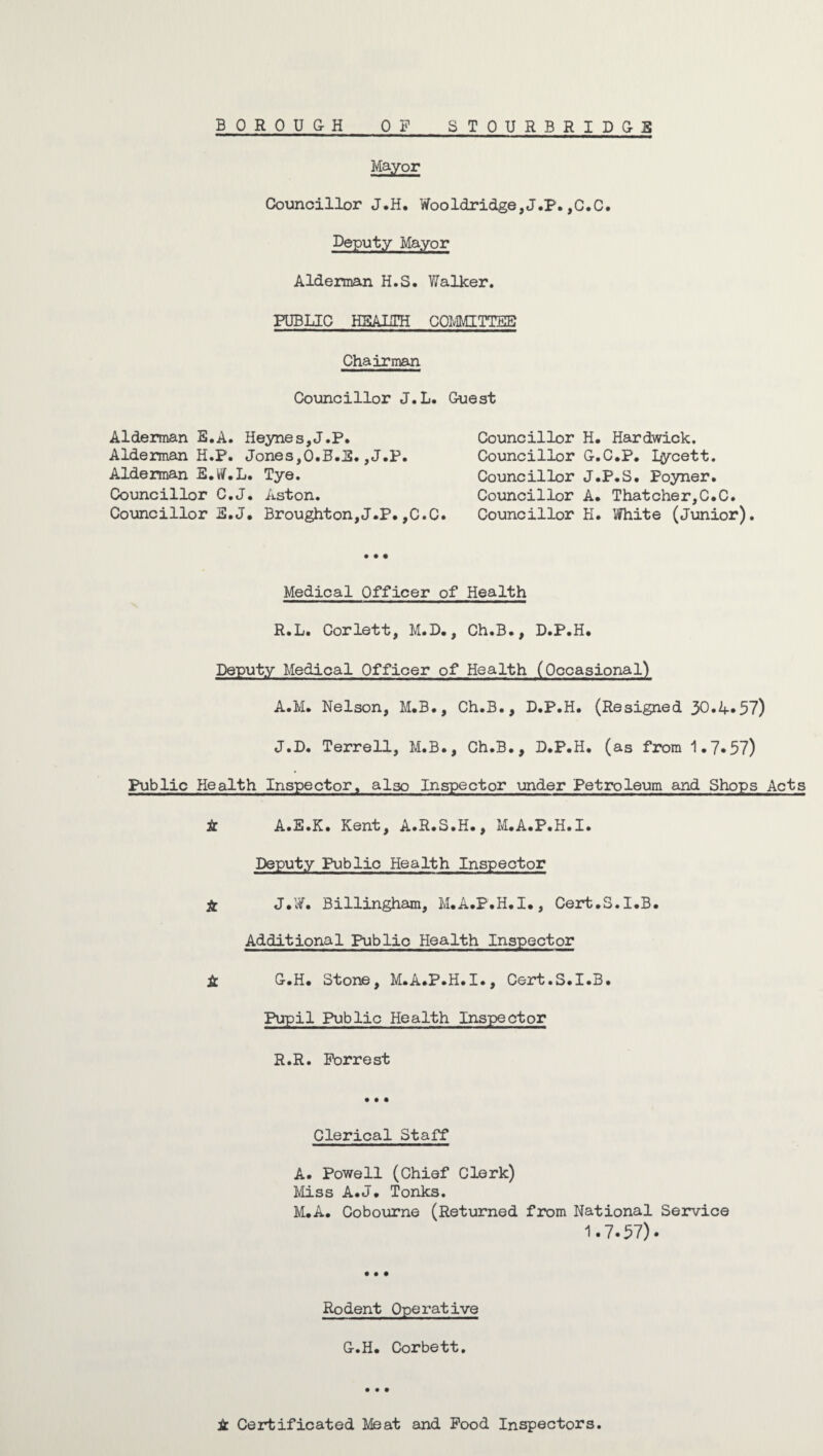 Mayor Councillor J.H. Wooldridge,J.P. ,C.C. Deputy Mayor Alderman H.S. Walker. PUBLIC HEALTH COMMITTEE Chairman Councillor J.L. Guest Alderman E.A. Heynes,J.P. Alderman H.P. Jones,0.B.S.,J.P Alderman E.W.L. Tye. Councillor C.J. Aston. Councillor E.J. Broughton,J.P. Councillor H. Hardwick. Councillor G.C.P. Lycett. Councillor J.P.S. Poyner. Councillor A. Thatcher,C.C. C.C. Councillor K. White (Junior) Medical Officer of Health R.L. Corlett, M.D., Ch.B., D.P.H. Deputy Medical Officer of Health (Occasional) A.M. Nelson, M.B., Ch.B., D.P.H. (Resigned 30*4*57) J.D. Terrell, M.B., Ch.B., D.P.H. (as from 1.7*57) Public Health Inspector, also Inspector under Petroleum and Shops Acts A A.E.K. Kent, A.R.S.H., M.A.P.H.I. Deputy Public Health Inspector A J.W. Billingham, M.A.P.H.I., Cert.S.I.B. Additional Public Health Inspector A G.H. Stone, M.A.P.H.I., Cert.S.I.B. Pupil Public Health Inspector R.R. Forrest • • • Clerical Staff A. Powell (Chief Clerk) Miss A.J. Tonks. M.A. Cobourne (Returned from National Service 1.7.57). • • • Rodent Operative G.H. Corbett. • • • A Certificated Meat and Food Inspectors.