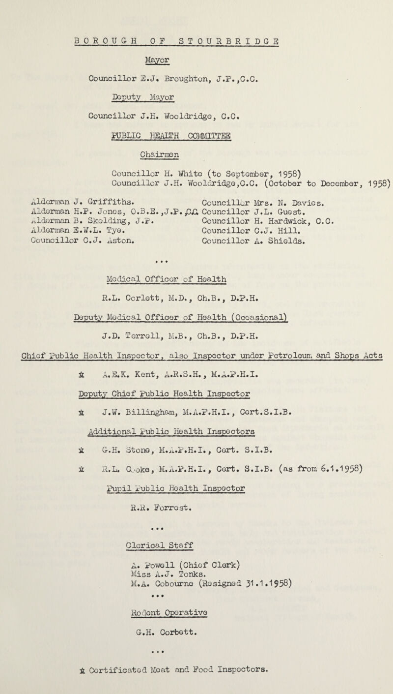 Mayor Councillor E.J. Broughton, J.P.,C.C. Deputy Mayor Councillor J.H. Yfooldridgc, C.C. PUBLIC HEALTH COMMITTEE Chairmen Councillor H. White (to September, 1958) Councillor J.H. Wooldridge,C.C. (October to December, 1958) Alderman J. Griffiths. Councillor Mrs. N. Davies. Alderman H.P. Jones, O.B.S. ,J.P. ,CjC Councillor J.L. Guest, xildorman B. SkelGing, J.p. Councillor H. Hardwick, C.C. Alderman E.W.L. Tye. Councillor C.J. Hill. Councillor C.J. Aston. Councillor A. Shields. Medical Officer of Health R.L. Corlett, M.D., Ch.B., D.P.H. Deputy Medical Officer of Health (Occasional) J.D. Terrell, M.B., Ch.B., D.P.H. Chief Public Health Inspector, also Inspector under Petroleum and Shops Acts ft A.E.K. Kent, A.R.S.H., M.A.P.H.I. Deputy Chief Public Health Inspector ft J.W. Billingham, M.A.P.H.I., Cert.S.I.B. Additional Public Health Inspectors ft G.H. Stone, M.A.P.H.I., Cert. S.I.B. ft R.L. (Poke, M.A.P.H.I., Cert. S.I.B. (as from 6.1.1958) Pupil Public Health Inspector R.R. Forrest. Clerical Staff A. Powoll (Chief Clerk) Miss A.J. Tonks. M.A. Cobourne (Rosigned .1•1958) • it Rodent Operative G.H. Corbett. ft Certificated Moat and Food Inspectors.