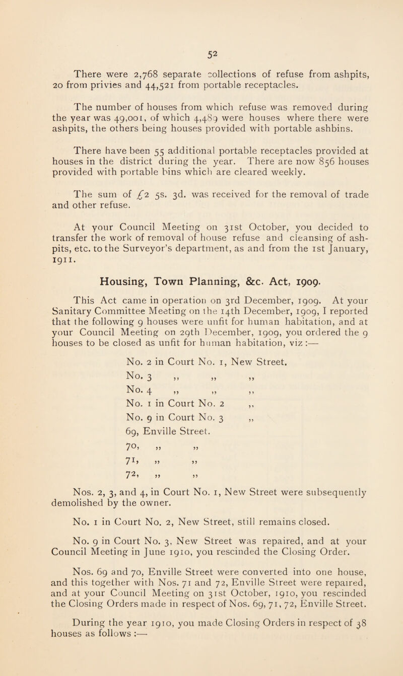 There were 2,768 separate collections of refuse from ashpits, 20 from privies and 44,521 from portable receptacles. The number of houses from which refuse was removed during the year was 49,001, of which 4,489 were houses where there were ashpits, the others being houses provided with portable ashbins. There have been 55 additional portable receptacles provided at houses in the district during the year. There are now 856 houses provided with portable bins which are cleared weekly. The sum of £2 5s. 3d. was received for the removal of trade and other refuse. At your Council Meeting on 31st October, you decided to transfer the work of removal of house refuse and cleansing of ash¬ pits, etc. to the Surveyor’s department, as and from the 1st January, 1911. Housing, Town Planning, &c. Act, 1909. This Act came in operation on 3rd December, 1909. At your Sanitary Committee Meeting on the 14th December, 1909, I reported that the following 9 houses were unfit for human habitation, and at your Council Meeting on 29th December, 1909, you ordered the 9 houses to be closed as unfit for human habitation, viz :— No. 2 in Court No. 1, New Street. No* 3 5’ 5) bf 0.4 , , , , , , No. 1 in Court No. 2 ,, No. 9 in Court No. 3 ,, 69, Enville Street. 7°, 7D „ 72» >> Nos. 2, 3, and 4, in Court No. 1, New Street were subsequently demolished by the owner. No. 1 in Court No. 2, New Street, still remains closed. No. 9 in Court No. 3, New Street was repaired, and at your Council Meeting in June 1910, you rescinded the Closing Order. Nos. 69 and 70, Enville Street were converted into one house, and this together with Nos. 71 and 72, Enville Street were repaired, and at your Council Meeting on 31st October, 1910, you rescinded the Closing Orders made in respect of Nos. 69, 71,72, Enville Street. During the year 1910, you made Closing Orders in respect of 38 houses as follows ;—- 5?