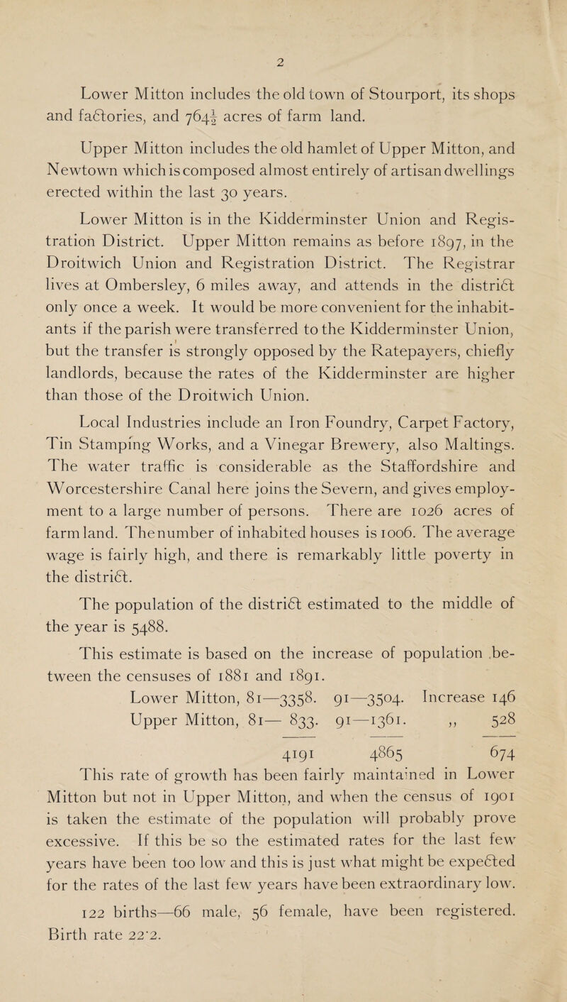 Lower Mitton includes the old town of Stourport, its shops and factories, and 764J acres of farm land. Upper Mitton includes the old hamlet of Upper Mitton, and Newtown which is composed almost entirely of artisan dwellings erected within the last 30 years. Lower Mitton is in the Kidderminster Union and Regis¬ tration District. Upper Mitton remains as before 1897, f^e Droitwich Union and Registration District. The Registrar lives at Ombersley, 6 miles away, and attends in the district only once a week. It would be more convenient for the inhabit¬ ants if the parish were transferred to the Kidderminster Union, but the transfer is strongly opposed by the Ratepayers, chiefly landlords, because the rates of the Kidderminster are higher than those of the Droitwich Union. Local Industries include an Iron Foundry, Carpet Factory, Tin Stamping Works, and a Vinegar Brewery, also Makings. The water traffic is considerable as the Staffordshire and Worcestershire Canal here joins the Severn, and gives employ¬ ment to a large number of persons. There are 1026 acres of farmland. Thenumber of inhabited houses is 1006. The average wage is fairly high, and there is remarkably little poverty in the district. The population of the district estimated to the middle of the year is 5488. This estimate is based on the increase of population be¬ tween the censuses of 1881 and 1891. Lower Mitton, 81—3358. 91—3504. Increase 146 Upper Mitton, 81— 833. 91—1361. ,, 528 4191 4865 674 This rate of growth has been fairly maintained in Lower Mitton but not in Upper Mitton, and when the census of 1901 is taken the estimate of the population will probably prove excessive. If this be so the estimated rates for the last few years have been too low and this is just what might be expeCted for the rates of the last few years have been extraordinary low. 122 births—66 male, 56 female, have been registered. Birth rate 22'2.