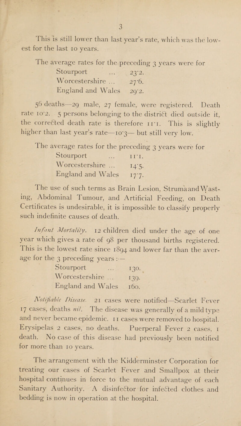 This is still lower than last year’s rate, which was the low¬ est for the last io years. The average rates for the preceding 3 years were for Stourport ■ 23-2. Worcestershire ... 27T. England and Wales 29-2. 56 deaths—29 male, 27 female, were registered. Death rate 10-2. 5 persons belonging to the district died outside it, the corredfed death rate is therefore in. This is slightly higher than last year’s rate—10*3— but still very low. d he average rates for the preceding 3 years were for Stourport ii*i. Worcestershire ... I4'5- England and Wales D7- The use of such terms as Brain Lesion, Struma and WasD ing, Abdominal humour, and Artificial Feeding, on Death Certificates is undesirable, it is impossible to classify properly such indefinite causes of death. Infant Mortality. 12 children died under the age of one year which gives a rate of 98 per thousand births registered. I his is the lowest rate since 1894 and lower far than the aver¬ age for the 3 preceding years :— Stourport 130. Worcestershire ... x39- England and Wales 160. ATotiJiable Disease. 21 cases were notified—Scarlet Fever 17 cases, deaths ml. d he disease was generally of a mild type and never became epidemic. 11 cases were removed to hospital. Erysipelas 2 cases, no deaths. Puerperal Fever 2 cases, 1 death. No case of this disease had previously been notified for more than 10 years. The arrangement with the Kidderminster Corporation for treating our cases of Scarlet Fever and Smallpox at their hospital continues in force to the mutual advantage of each Sanitary Authority. A disinfeCtor for infedted clothes and bedding is now in operation at the hospital.