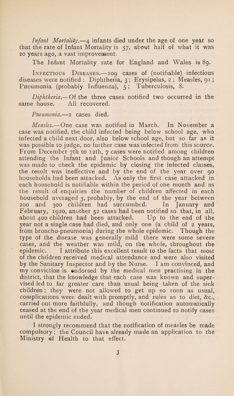 Infant Mortality.—4 infants died under the age of one year so that the rate of Infant Mortality is 57, about half of what it was 20 years ago, a vast improvement. The Infant Mortality rate for England and Wales is 89. Infectious Diseases.—109 cases of (notifiable) infectious diseases were notified : Diphtheria, 3 ; Erysipelas, 2 ; Measles, 91 ; Pneumonia (probably Influenza), 5 ; Tuberculosis, 8. Diphtheria.— Of the three cases notified two occurred in the same house. All recovered. Pneumonia.—2 cases died. Measles.—One case was notified in March. In November a case was notified, the child infected being below school age, who infected a child next door, also below school age, but so far as it was possible to judge, no further case was infected from this source. From December 7th to 12th, 7 cases were notified among children attending the Infant and Junior Schools and though an attempt was made to check the epidemic by closing the infected classes, the result was ineffective and by the end of the year over 90 households had been attacked. As only the first case attacked in each household is notifiable within the period of one month and as the result of enquiries the number of children affected in each household averaged 3, probably, by the end of the year between 200 and 300 children had succumbed. In January and February, 1920, another 52 cases had been notified so that, in all, about 400 children had been attacked. Up to the end of the year not a single case had died, and only one (a child of 2 years, from broncho-pneumonia) during the whole epidemic. Though the type of the disease was generally mild there were some severe cases, and the weather was mild, on the whole, throughout the epidemic. I attribute this excellent result to the facts that most of the children received medical attendance and were also visited by the Sanitary Inspector and by the Nurse. I am convinced, and my conviction is endorsed by the medical men practising in the district, that the knowledge that each case was known and super¬ vised led to far greater care than usual being taken of the sick children; they were not allowed to get up so soon as usual, complications were dealt with promptly, and rules as to diet, &c., carried out more faithfully, and though notification automatically ceased at the end of the year medical men continued to notify cases until the epidemic ended. I strongly recommend that the notification of measles be made compulsory; the Council have already made an application to the Ministry ©f Health to that effect.