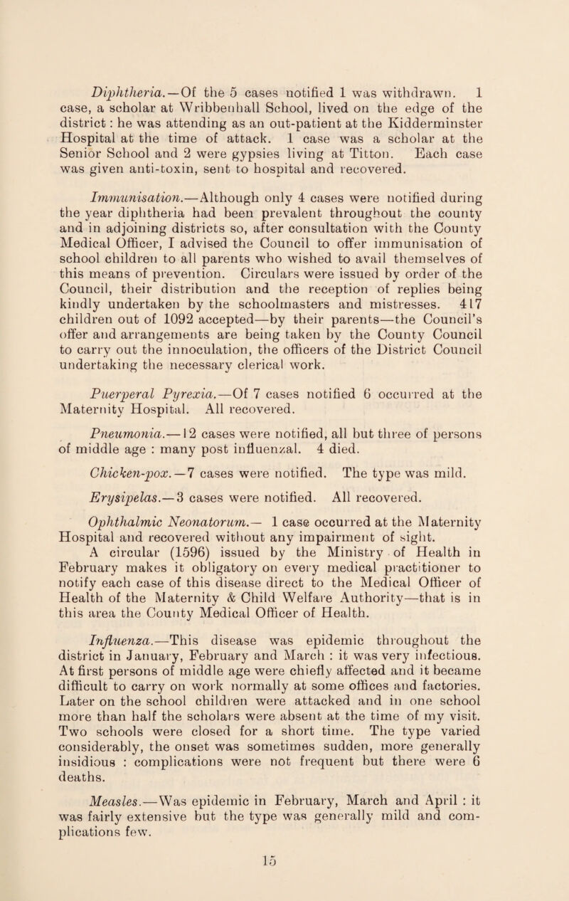 case, a scholar at Wribbeiihall School, lived on the edge of the district: he was attending as an out-patient at the Kidderminster Hospital at the time of attack. 1 case was a scholar at the Senior School and 2 were gypsies living at Titton. Each case was given anti-toxin, sent to hospital and recovered. Immunisation.—Although only 4 cases were notified during the year diphtheria had been prevalent throughout the county and in adjoining districts so, after consultation with the County Medical Officer, I advised the Council to offer immunisation of school children to all parents who wished to avail themselves of this means of prevention. Circulars were issued by order of the Council, their distribution and the reception of replies being kindly undertaken by the schoolmasters and mistresses. 417 children out of 1092 accepted—by their parents—the Council’s offer and arrangements are being taken by the County Council to carry out the innoculation, the officers of the District Council undertaking the necessary clerical work. Picerperal Pyrexia,—Of 7 cases notified 6 occurred at the Maternity Hospital. All recovered. Pnetcmonia.—12 cases were notified, all but three of persons of middle age : many post influenzal. 4 died. Chicken-pox. —1 cases were notified. The type was mild. Erysipelas.— 3 cases were notified. All recovered. Ophthalmic Neonatorum.— 1 case occurred at the Maternity Hospital and recovered without any impairment of sight. A circular (1596) issued by the Ministry of Health in February makes it obligatoiy on every medical practitioner to notify each case of this disease direct to the Medical Officer of Health of the Maternity & Child Welfare Authority—that is in this area the County Medical Officer of Health. Influenza.—This disease was epidemic thi'oughout the district in January, February and March : it was very infectious. At first persons of middle age were chiefly affected and it became difficult to carry on work normally at some offices and factories. Later on the school childien were attacked and in one school more than half the scholars were absent at the time of my visit. Two schools were closed for a short time. The type varied considerably, the onset was sometimes sudden, more generally insidious : complications were not frequent but there were 6 deaths. Measles.—Was epidemic in February, March and April : it was fairly extensive but the type was generally mild and com¬ plications few. 15