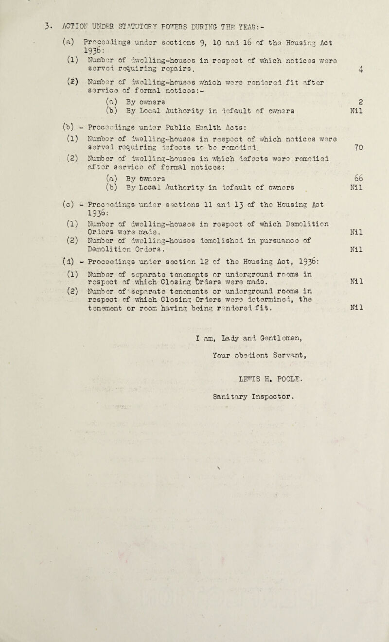 (a) Proccadings under sections 9, 10 and l6 of the Housing Act 1936: (1) Number of dwelling-houses in respect of which notices were served rGq.uiring repairs. 4 (2) Number cf dwelling-houses which were rendered fit after service cf formal notices (a) By ovmers 2 (b) By Local Authority in default of owners Nil (b) - Proceedings unior Public Health Acts: (1) Number of dwelling-houses in respect of which notices wore served requiring defects t^’ be remedied. 70 (2) Number of dwelling-houses in which defects ware remedied after service of formal notices: (a) By Owners 66 (b) By Local Authority in default of owners Nil (c) - Procaedings under sections 11 and I3 of the Housing Act 193^: (1) Number of dwelling-houses in respect of which Demolition Orders were made. Nil (2) Number of dv/olling-houses demolished in pursuance of Demolition Orders. Nil (d) - Proceedings under section 12 of the Housing Act, 193^’ (1) Number of separate tenements or underground roonis in respect of v;hich Closing urders were made. Nil (2) Number of separate tenenients or underground rooms in respect of which Closing Orders were dotormined, the tenement or room having being r'^'ndcred fit. Nil I am, Lady and Gentlemen, Your obedient Servant, Lms H, POOLE. Sanitary Inspector. 1