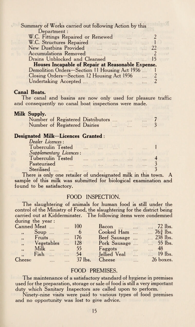 Summary of Works carried out following Action by this Department : W.C. Fittings Repaired or Renewed .... .... 2 W.C. Structures Repaired .... .... .... .... 1 New Dustbins Provided .... .... .... .... 22 Accumulations Removed .... .... .... .... 2 Drains Unblocked and Cleansed .... .... .... 15 Houses Incapable of Repair at Reasonable Expense. Demolition Orders—Section 11 Housing Act 1936 .... 1 Closing Orders—Section 12 Housing Act 1936 .... 2 Undertaking Accepted .... .... . 2 Canal Boats. The canal and basins are now only used for pleasure traffic and consequently no canal boat inspections were made. Milk Supply. Number of Registered Distributors .... .... .... 7 Number of Registered Dairies .... .... .... 3 Designated Milk—Licences Granted : Dealer Licences : Tuberculin Tested .... .... .... .... .... 1 Supplementary Licences: Tuberculin Tested .... .... .... .... .... 4 Pasteurised .... .... .... .... .... .... 3 Sterilised .... .... .... .... .... .... .... 3 There is only one retailer of undesignated milk in this town. A sample of this milk was submitted for biological examination and found to be satisfactory. FOOD INSPECTION. The slaughtering of animals for human food is still under the control of the Ministry of Food, the slaughtering for the district being carried out at Kidderminster. The following items were condemned during the year : Canned Meat .... .... 100 Bacon .... 72 lbs. „ Soup .... 6 Cooked Ham .... .... 76j lbs. ,, Fruits.... .... 176 Beef Sausage .... .... 238 lbs. ,, Vegetables .... 128 Pork Sausage .... .... 55 lbs. Milk .... .... 55 Faggots .... 48 ,, Fish .... .... 54 Jellied Veal .... .... 19 lbs. Cheese .... 37 lbs. Cheese 26 boxes. FOOD PREMISES. The maintenance of a satisfactory standard of hygiene in premises used for the preparation, storage or sale of food is still a very important duty which Sanitary Inspectors are called upon to perform. Ninety-nine visits were paid to various types of food premises and no opportunity was lost to give advice.