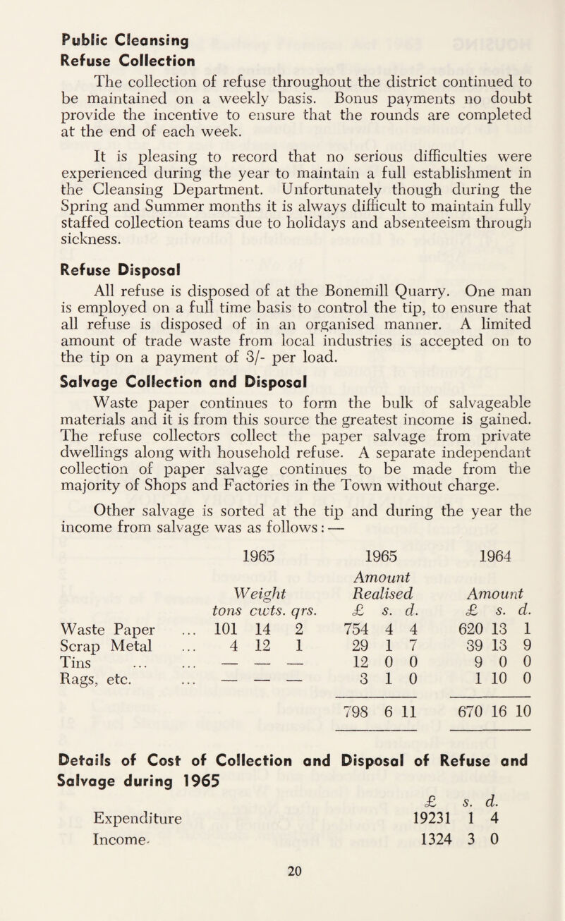 PubBic Cleansing Refuse Collection The collection of refuse throughout the district continued to be maintained on a weekly basis. Bonus payments no doubt provide the incentive to ensure that the rounds are completed at the end of each week. It is pleasing to record that no serious difficulties were experienced during the year to maintain a full establishment in the Cleansing Department. Unfortunately though during the Spring and Summer months it is always difficult to maintain fully staffed collection teams due to holidays and absenteeism through sickness. Refuse Disposal All refuse is disposed of at the Bonemill Quarry. One man is employed on a full time basis to control the tip, to ensure that all refuse is disposed of in an organised manner. A limited amount of trade waste from local industries is accepted on to the tip on a payment of 3/- per load. Salvage Collection and Disposal Waste paper continues to form the bulk of salvageable materials and it is from this source the greatest income is gained. The refuse collectors collect the paper salvage from private dwellings along with household refuse. A separate independant collection of paper salvage continues to be made from the majority of Shops and Factories in the Town without charge. Other salvage is sorted at the tip and during the year the income from salvage was as follows : — Waste Paper Scrap Metal Tins Rags, etc. 1965 1965 1964 Amount Weight Realised Amount tons cvots. qrs. £ s. d. £ s. d. 101 14 2 754 4 4 620 13 1 4 12 1 29 1 7 39 13 9 _____ 12 00 900 — — — 310 110 0 798 6 11 670 16 10 Details of Cost of Collection and Disposal of Refuse and Salvage during 1965 Expenditure 20 £ s. d. 19231 1 4