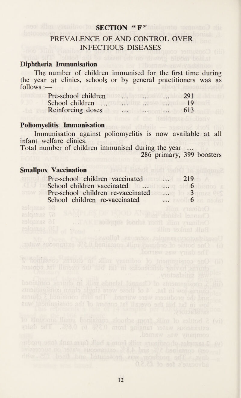 SECTION “F” PREVALENCE OF AND CONTROL OVER INFECTIOUS DISEASES Diphtheria Immunisation The number of children immunised for the first time during the year at clinics, schools or by general practitioners was as follows :— Pre-school children . 291 School children . ... ... 19 Reinforcing doses . 613 Poliomyelitis Immunisation Immunisation against poliomyelitis is now available at all infant welfare clinics. Total number of children immunised during the year ... 286 primary, 399 boosters Smallpox Vaccination Pre-school children vaccinated School children vaccinated Pre-school children re-vaccinated School children re-vaccinated