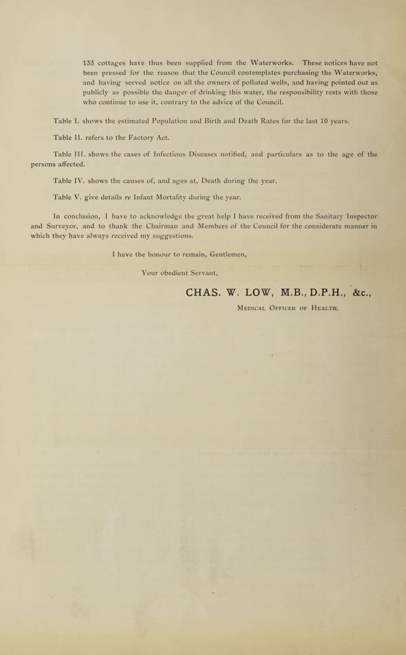 133 cottages have thus been supplied from the Waterworks. These notices have not been pressed for the reason that the Council contemplates purchasing the Waterworks, and having served notice on all the owners of polluted wells, and having pointed out as publicly as possible the danger of drinking this water, the responsibility rests with those who continue to use it, contrary to the advice of the Council. Table I. shows the estimated Population and Birth and Death Rates for the last 10 years. Table II. refers to the Factory Act. Table III. shows the cases of Infectious Diseases notified, and particulars as to the age of the persons affected. Table IV. shows the causes of, and ages at. Death during the year. Table V. give details re Infant Mortality during the year. In conclusion, I have to acknowledge the great help I have received from the Sanitary Inspector and Surveyor, and to thank the Chairman and Members of the Council for the considerate manner in which they have always received my suggestions. I have the honour to remain. Gentlemen, Your obedient Servant, CHAS. W. LOW, M.B.,D.P,H., &c., Medical Officer of Health.