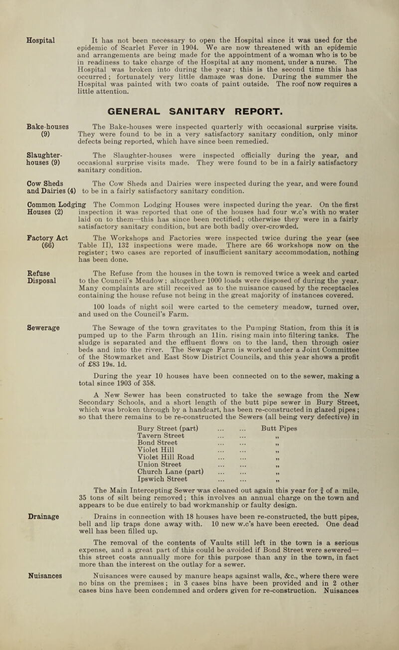 Hospital It has not been necessary to open the Hospital since it was used for the epidemic of Scarlet Fever in 1904. We are now threatened with an epidemic and arrangements are being made for the appointment of a woman who is to be in readiness to take charge of the Hospital at any moment, under a nurse. The Hospital was broken into during the year; this is the second time this has occurred ; fortunately very little damage was done. During the summer the Hospital was painted with two coats of paint outside. The roof now requires a little attention. GENERAL SANITARY REPORT. Bake-houses (9) The Bake-houses were inspected quarterly with occasional surprise visits. They were found to be in a very satisfactory sanitary condition, only minor defects being reported, which have since been remedied. Slaughter- The Slaughter-houses were inspected officially during the year, and houses (9) occasional surprise visits made. They were found to be in a fairly satisfactory sanitary condition. Cow Sheds The Cow Sheds and Dairies were inspected during the year, and were found and Dairies (4) to be in a fairly satisfactory sanitary condition. Common Lodging The Common Lodging Houses were inspected during the year. On the first Houses (2) inspection it was reported that one of the houses had four w.c’s with no water laid on to them—this has since been rectified; otherwise they were in a fairly satisfactory sanitary condition, but are both badly over-crowded. Factory Act The Workshops and Factories were inspected twice during the year (see (66) Table II), 132 inspections were made. There are 66 workshops now on the register; two cases are reported of insufficient sanitary accommodation, nothing has been done. Refuse Disposal Sewerage Drainage Nuisances The Refuse from the houses in the town is removed twice a week and carted to the Council’s Meadow; altogether 1000 loads were disposed of during the year. Many complaints are still received as to the nuisance caused by the receptacles containing the house refuse not being in the great majority of instances covered. 100 loads of night soil were carted to the cemetery meadow, turned over, and used on the Council’s Farm. The Sewage of the town gravitates to the Pumping Station, from this it is pumped up to the Farm through an llin. rising main into filtering tanks. The sludge is separated and the effluent flows on to the land, then through osier beds and into the river. The Sewage Farm is worked under a Joint Committee of the Stowmarket and East Stow District Councils, and this year shows a profit of £83 19s. Id. During the year 10 houses have been connected on to the sewer, making a total since 1903 of 358. A New Sewer has been constructed to take the sewage from the New Secondary Schools, and a short length of the butt pipe sewer in Bury Street, which was broken through by a handcart, has been re-constructed in glazed pipes ; so that there remains to be re-constructed the Sewers (all being very defective) in Bury Street (part) ... ... Butt Pipes Tavern Street ... ... „ Bond Street ... ... „ Violet Hill . Violet Hill Road ... ... „ Union Street ... ... „ Church Lane (part) . „ Ipswich Street . „ The Main Intercepting Sewer was cleaned out again this year for f of a mile, 35 tons of silt being removed; this involves an annual charge on the town and appears to be due entirely to bad workmanship or faulty design. Drains in connection with 18 houses have been re-constructed, the butt pipes, bell and lip traps done away with. 10 new w.c’s have been erected. One dead well has been filled up. The removal of the contents of Vaults still left in the town is a serious expense, and a great part of this could be avoided if Bond Street were sewered— this street costs annually more for this purpose than any in the town, in fact more than the interest on the outlay for a sewer. Nuisances were caused by manure heaps against walls, &c., where there were no bins on the premises; in 3 cases bins have been provided and in 2 other cases bins have been condemned and orders given for re-construction. Nuisances