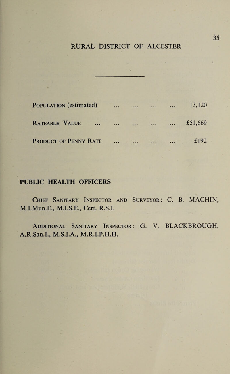 RURAL DISTRICT OF ALCESTER Population (estimated) Rateable Value Product of Penny Rate 13,120 £51,669 £192 PUBLIC HEALTH OFFICERS Chief Sanitary Inspector and Surveyor : C. B. MACHIN, M.I.Mun.E., M.I.S.E., Cert. R.S.I. Additional Sanitary Inspector : G. V. BLACKBROUGH, A.R.San.I., M.S.I.A., M.R.I.P.H.H.