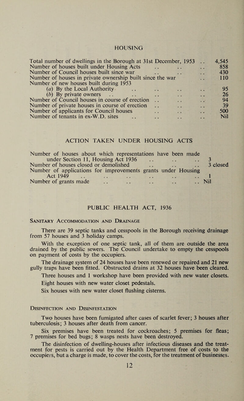 Total number of dwellings in the Borough at 31st December, 1953 .. 4,545 Number of houses built under Housing Acts .. .. .. 858 Number of Council houses built since war .. .. .. 430 Number of houses in private ownership built since the war .. 110 Number of new houses built during 1953 (a) By the Local Authority .. .. .. .. 95 (,b) By private owners .. .. .. .. .. 26 Number of Council houses in course of erection .. .. .. 94 Number of private houses in course of erection .. .. .. 39 Number of applicants for Council houses .. .. .. 500 Number of tenants in ex-W.D. sites .. .. .. .. Nil ACTION TAKEN UNDER HOUSING ACTS Number of houses about which representations have been made under Section 11, Housing Act 1936 Number of houses closed or demolished Number of applications for improvements grants under Housing Act 1949 Number of grants made 3 3 closed 1 Nil PUBLIC HEALTH ACT, 1936 Sanitary Accommodation and Drainage There are 39 septic tanks and cesspools in the Borough receiving drainage from 57 houses and 3 holiday camps. With the exception of one septic tank, all of them are outside the area drained by the public sewers. The Council undertake to empty the cesspools on payment of costs by the occupiers. The drainage system of 24 houses have been renewed or repaired and 21 new gully traps have been fitted. Obstructed drains at 32 houses have been cleared. Three houses and 1 workshop have been provided with new water closets. Eight houses with new water closet pedestals. Six houses with new water closet flushing cisterns. Disinfection and Disinfestation Two houses have been fumigated after cases of scarlet fever; 3 houses after tuberculosis; 3 houses after death from cancer. Six premises have been treated for cockroaches; 5 premises for fleas; 7 premises for bed bugs; 8 wasps nests have been destroyed. The disinfection of dwelling-houses after infectious diseases and the treat¬ ment for pests is carried out by the Health Department free of costs to the occupiers, but a charge is made, to cover the costs, for the treatment of businesses.