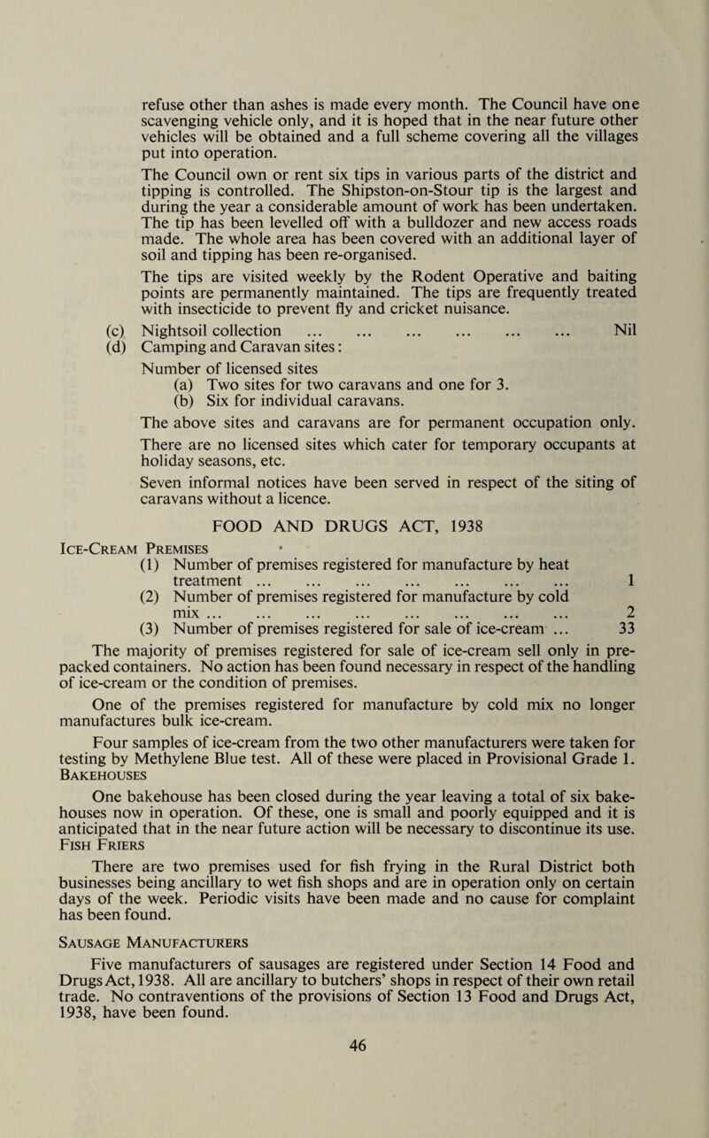 refuse other than ashes is made every month. The Council have one scavenging vehicle only, and it is hoped that in the near future other vehicles will be obtained and a full scheme covering all the villages put into operation. The Council own or rent six tips in various parts of the district and tipping is controlled. The Shipston-on-Stour tip is the largest and during the year a considerable amount of work has been undertaken. The tip has been levelled off with a bulldozer and new access roads made. The whole area has been covered with an additional layer of soil and tipping has been re-organised. The tips are visited weekly by the Rodent Operative and baiting points are permanently maintained. The tips are frequently treated with insecticide to prevent fly and cricket nuisance. (c) Nightsoil collection . Nil (d) Camping and Caravan sites: Number of licensed sites (a) Two sites for two caravans and one for 3. (b) Six for individual caravans. The above sites and caravans are for permanent occupation only. There are no licensed sites which cater for temporary occupants at holiday seasons, etc. Seven informal notices have been served in respect of the siting of caravans without a licence. FOOD AND DRUGS ACT, 1938 Ice-Cream Premises (1) Number of premises registered for manufacture by heat treatment. 1 (2) Number of premises registered for manufacture by cold mix. 2 (3) Number of premises registered for sale of ice-cream ... 33 The majority of premises registered for sale of ice-cream sell only in pre¬ packed containers. No action has been found necessary in respect of the handling of ice-cream or the condition of premises. One of the premises registered for manufacture by cold mix no longer manufactures bulk ice-cream. Four samples of ice-cream from the two other manufacturers were taken for testing by Methylene Blue test. All of these were placed in Provisional Grade 1. Bakehouses One bakehouse has been closed during the year leaving a total of six bake¬ houses now in operation. Of these, one is small and poorly equipped and it is anticipated that in the near future action will be necessary to discontinue its use. Fish Friers There are two premises used for fish frying in the Rural District both businesses being ancillary to wet fish shops and are in operation only on certain days of the week. Periodic visits have been made and no cause for complaint has been found. Sausage Manufacturers Five manufacturers of sausages are registered under Section 14 Food and Drugs Act, 1938. All are ancillary to butchers’ shops in respect of their own retail trade. No contraventions of the provisions of Section 13 Food and Drugs Act, 1938, have been found.