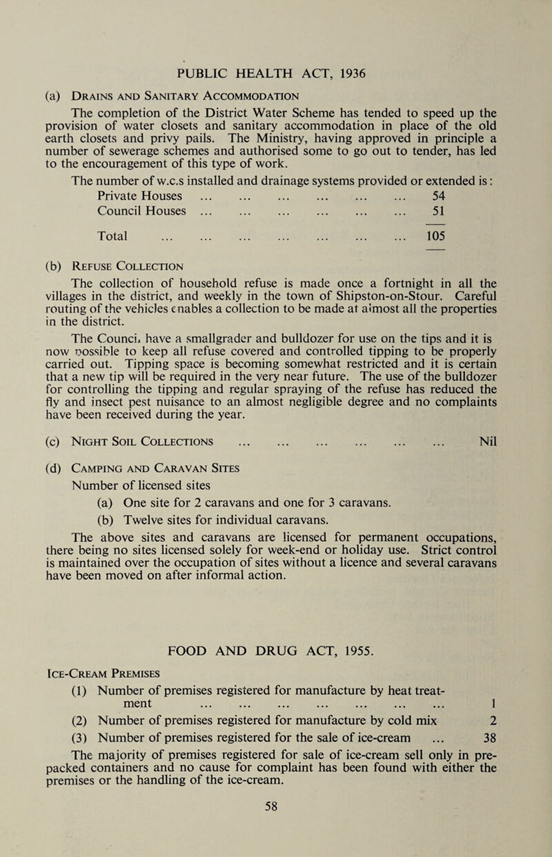 PUBLIC HEALTH ACT, 1936 (a) Drains and Sanitary Accommodation The completion of the District Water Scheme has tended to speed up the provision of water closets and sanitary accommodation in place of the old earth closets and privy pails. The Ministry, having approved in principle a number of sewerage schemes and authorised some to go out to tender, has led to the encouragement of this type of work. The number of w.c.s installed and drainage systems provided or extended is: Private Houses . 54 Council Houses. 51 Total 105 (b) Refuse Collection The collection of household refuse is made once a fortnight in all the villages in the district, and weekly in the town of Shipston-on-Stour. Careful routing of the vehicles enables a collection to be made at almost all the properties in the district. The Council have a smallgrader and bulldozer for use on the tips and it is now possible to keep all refuse covered and controlled tipping to be properly carried out. Tipping space is becoming somewhat restricted and it is certain that a new tip will be required in the very near future. The use of the bulldozer for controlling the tipping and regular spraying of the refuse has reduced the fly and insect pest nuisance to an almost negligible degree and no complaints have been received during the year. (c) Night Soil Collections . Nil (d) Camping and Caravan Sites Number of licensed sites (a) One site for 2 caravans and one for 3 caravans. (b) Twelve sites for individual caravans. The above sites and caravans are licensed for permanent occupations, there being no sites licensed solely for week-end or holiday use. Strict control is maintained over the occupation of sites without a licence and several caravans have been moved on after informal action. FOOD AND DRUG ACT, 1955. Ice-Cream Premises (1) Number of premises registered for manufacture by heat treat¬ ment . 1 (2) Number of premises registered for manufacture by cold mix 2 (3) Number of premises registered for the sale of ice-cream ... 38 The majority of premises registered for sale of ice-cream sell only in pre¬ packed containers and no cause for complaint has been found with either the premises or the handling of the ice-cream.