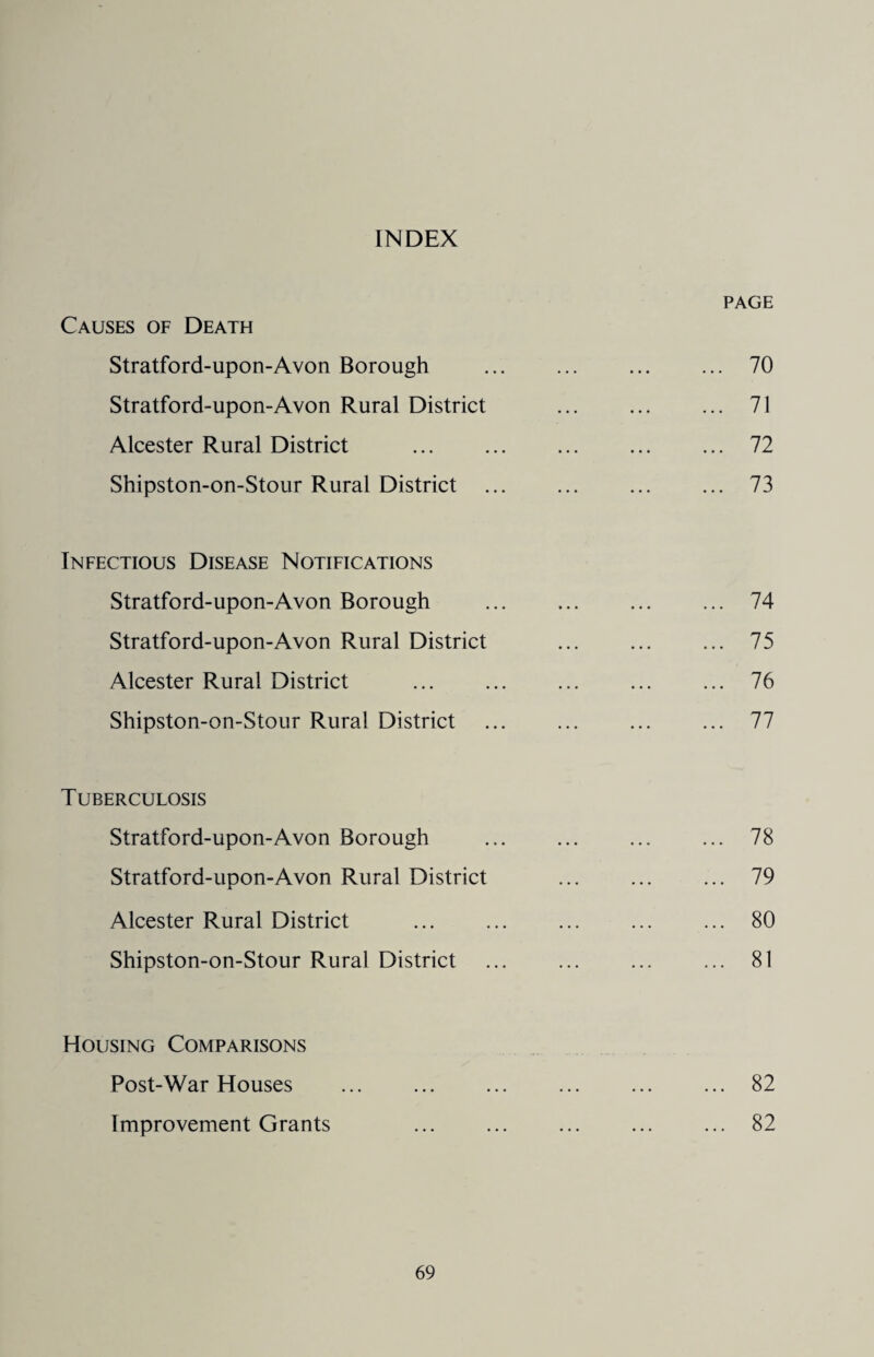 INDEX Causes of Death Stratford-upon-Avon Borough Stratford-upon-Avon Rural District Alcester Rural District Shipston-on-Stour Rural District Infectious Disease Notifications Stratford-upon-Avon Borough Stratford-upon-Avon Rural District Alcester Rural District Shipston-on-Stour Rural District Tuberculosis Stratford-upon-Avon Borough Stratford-upon-Avon Rural District Alcester Rural District Shipston-on-Stour Rural District Housing Comparisons Post-War Houses Improvement Grants