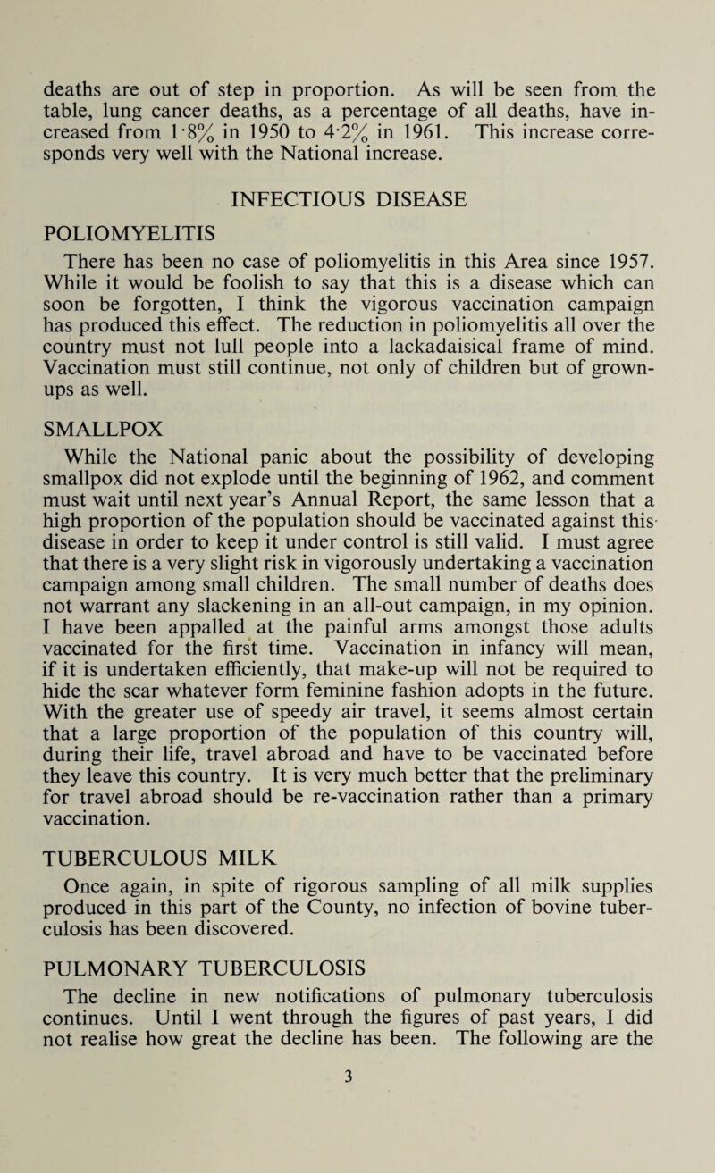 table, lung cancer deaths, as a percentage of all deaths, have in¬ creased from 1*8% in 1950 to 4*2% in 1961. This increase corre¬ sponds very well with the National increase. INFECTIOUS DISEASE POLIOMYELITIS There has been no case of poliomyelitis in this Area since 1957. While it would be foolish to say that this is a disease which can soon be forgotten, I think the vigorous vaccination campaign has produced this effect. The reduction in poliomyelitis all over the country must not lull people into a lackadaisical frame of mind. Vaccination must still continue, not only of children but of grown¬ ups as well. SMALLPOX While the National panic about the possibility of developing smallpox did not explode until the beginning of 1962, and comment must wait until next year’s Annual Report, the same lesson that a high proportion of the population should be vaccinated against this disease in order to keep it under control is still valid. I must agree that there is a very slight risk in vigorously undertaking a vaccination campaign among small children. The small number of deaths does not warrant any slackening in an all-out campaign, in my opinion. I have been appalled at the painful arms amongst those adults vaccinated for the first time. Vaccination in infancy will mean, if it is undertaken efficiently, that make-up will not be required to hide the scar whatever form feminine fashion adopts in the future. With the greater use of speedy air travel, it seems almost certain that a large proportion of the population of this country will, during their life, travel abroad and have to be vaccinated before they leave this country. It is very much better that the preliminary for travel abroad should be re-vaccination rather than a primary vaccination. TUBERCULOUS MILK Once again, in spite of rigorous sampling of all milk supplies produced in this part of the County, no infection of bovine tuber¬ culosis has been discovered. PULMONARY TUBERCULOSIS The decline in new notifications of pulmonary tuberculosis continues. Until I went through the figures of past years, I did not realise how great the decline has been. The following are the 3
