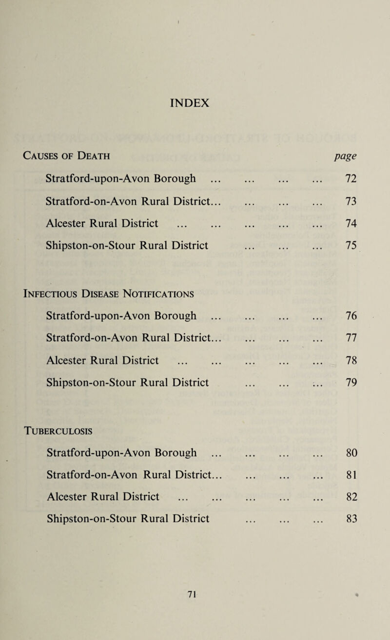 INDEX Causes of Death Stratford-upon-Avon Borough Stratford-on-Avon Rural District. Alcester Rural District Shipston-on-Stour Rural District Infectious Disease Notifications Stratford-upon-Avon Borough Stratford-on-Avon Rural District. Alcester Rural District Shipston-on-Stour Rural District Tuberculosis Stratford-upon-Avon Borough Stratford-on-Avon Rural District. Alcester Rural District Shipston-on-Stour Rural District