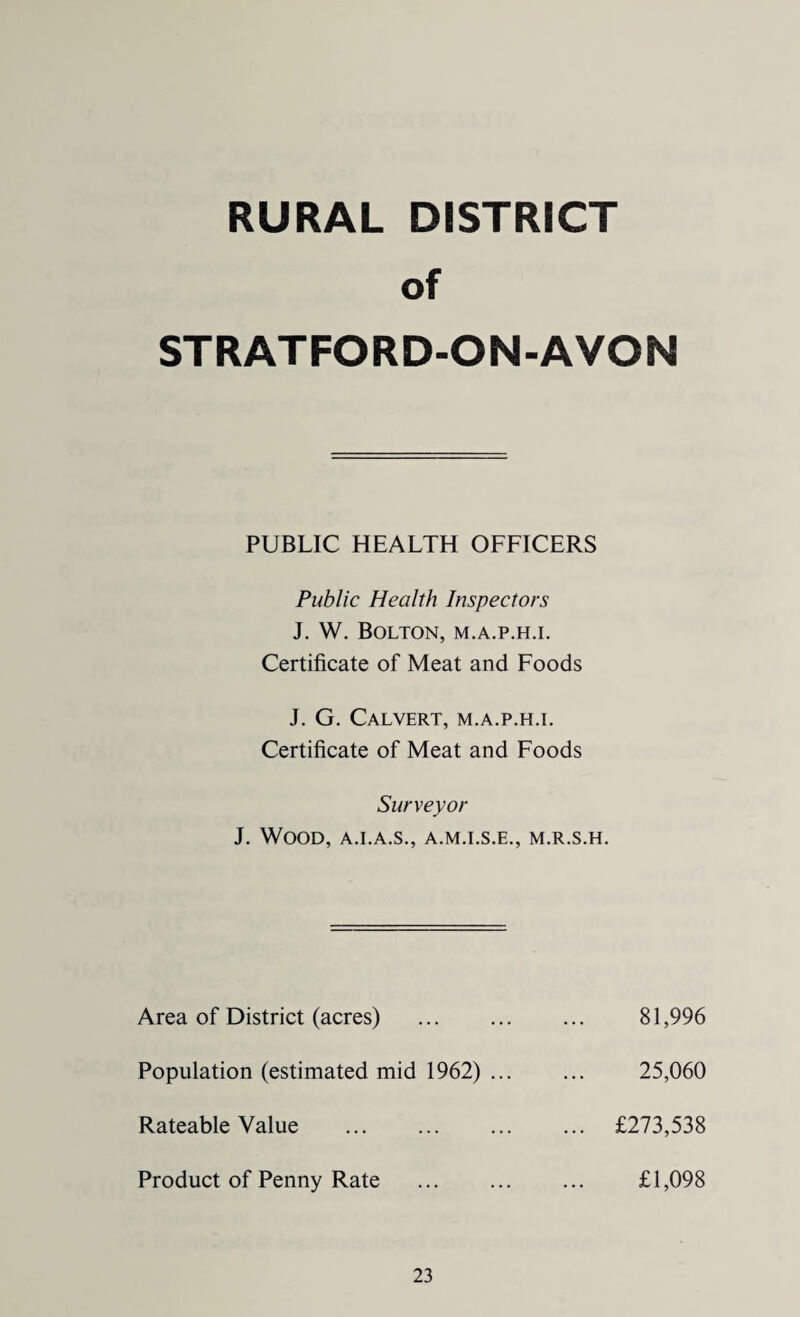 RURAL DISTRICT of STRATFORD-ON-AVON PUBLIC HEALTH OFFICERS Public Health Inspectors J, W. Bolton, m.a.p.h.i. Certificate of Meat and Foods J. G. Calvert, m.a.p.h.i. Certificate of Meat and Foods Surveyor J. Wood, a.i.a.s., a.m.i.s.e., m.r.s.h. Area of District (acres) . Population (estimated mid 1962) ... Rateable Value . Product of Penny Rate . 81,996 25,060 £273,538 £1,098