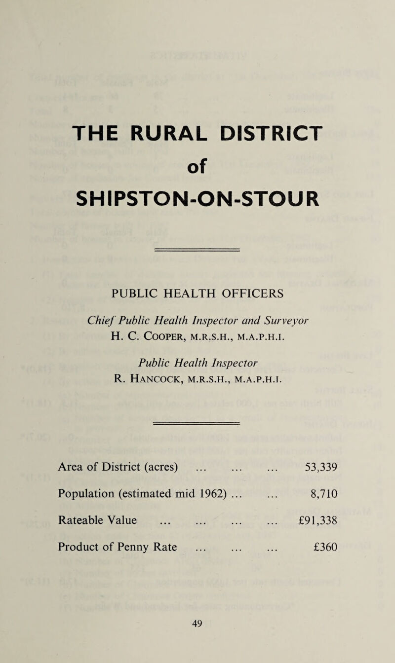 THE RURAL DISTRICT of SHI PSTON-ON-STOU R PUBLIC HEALTH OFFICERS Chief Public Health Inspector and Surveyor H. C. Cooper, m.r.s.h., m.a.p.h.i. Public Health Inspector R. Hancock, m.r.s.h., m.a.p.h.i. Area of District (acres) . 53,339 Population (estimated mid 1962) ... ... 8,710 Rateable Value . £91,338 Product of Penny Rate . £360