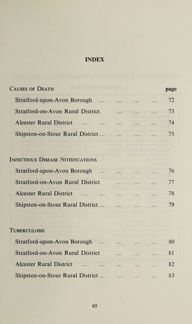 INDEX Causes of Death page Stratford-upon-Avon Borough . 72 Stratford-on-Avon Rural District . 73 Alcester Rural District ... ... ... ... ... 74 Shipston-on-Stour Rural District. 75 Infectious Disease Notifications Stratford-upon-Avon Borough ... ... ... ... 76 Stratford-on-Avon Rural District ... ... ... 77 Alcester Rural District . 78 Shipston-on-Stour Rural District. 79 Tuberculosis Stratford-upon-Avon Borough . 80 Stratford-on-Avon Rural District ... ... ... 81 Alcester Rural District . 82 Shipston-on-Stour Rural District. 83