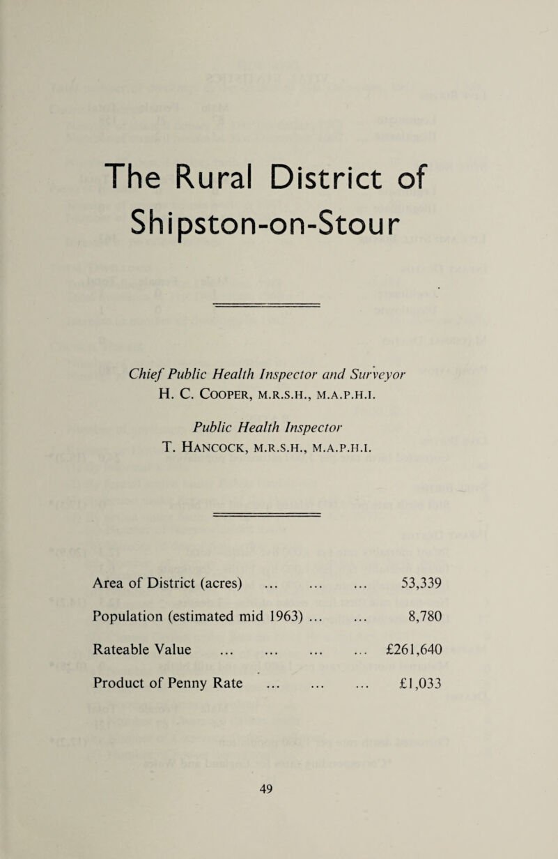 The Rural District of Shi pston-on-Stou r Chief Public Health Inspector and Surveyor H. C. Cooper, m.r.s.h., m.a.p.h.i. Public Health Inspector T. Hancock, m.r.s.h., m.a.p.h.i. Area of District (acres) . 53,339 Population (estimated mid 1963) ... ... 8,780 Rateable Value ... ... ... ... £261,640 Product of Penny Rate . £1,033