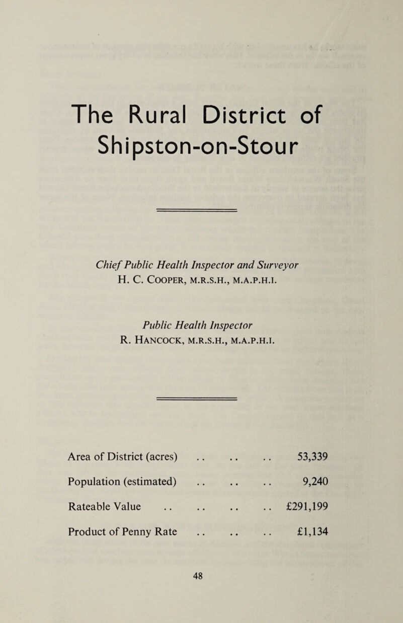 The Rural District of Shipston-on-Stour Chief Public Health Inspector and Surveyor H. C. Cooper, m.r.s.h., m.a.p.h.i. Public Health Inspector R. Hancock, m.r.s.h., m.a.p.h.i. Area of District (acres) .. .. .. 53,339 Population (estimated) .. .. .. 9,240 Rateable Value .. .. .. .. £291,199 Product of Penny Rate .. .. .. £1,134