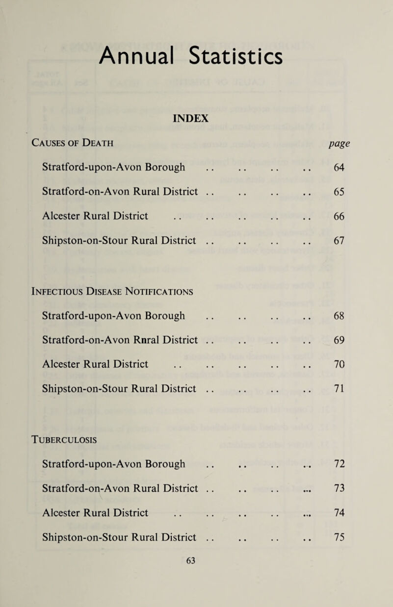 Annual Statistics INDEX Causes of Death Stratford-upon-Avon Borough Stratford-on-Avon Rural District .. Alcester Rural District Shipston-on-Stour Rural District .. page 64 65 66 67 Infectious Disease Notifications Stratford-upon-Avon Borough Stratford-on-Avon Rnral District .. Alcester Rural District Shipston-on-Stour Rural District .. 68 69 70 71 Tuberculosis Stratford-upon-Avon Borough Stratford-on-Avon Rural District .. Alcester Rural District Shipston-on-Stour Rural District .. 72 73 74 75