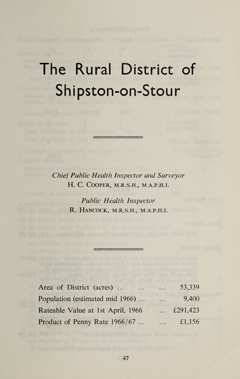 The Rural District of Shipston-on-Stour Chief Public Health Inspector and Surveyor H. C. Cooper, m.r.s.h., m.a.p.h.i. Public Health Inspector R. Hancock, m.r.s.h., m.a.p.h.i. Area of District (acres). Population (estimated mid 1966) ... Rateable Value at 1st April, 1966 Product of Penny Rate 1966/67 ... 53,339 9,400 £291,423 £1,156